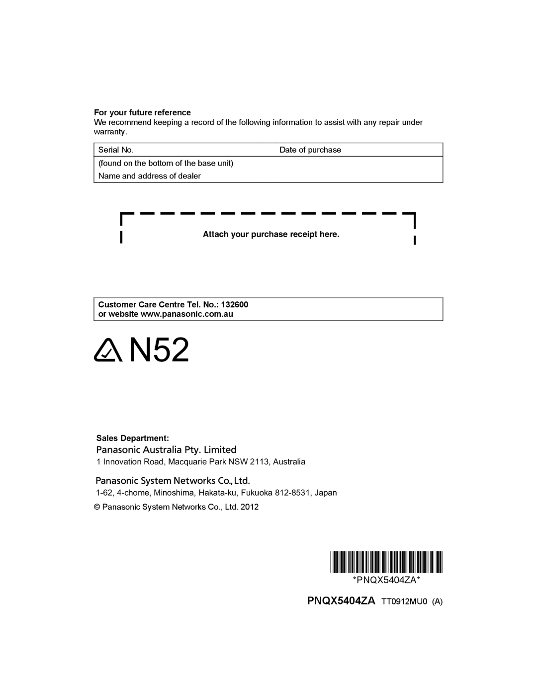 Panasonic KX-TG722AL, KX-TG2721AL operating instructions For your future reference, Sales Department 