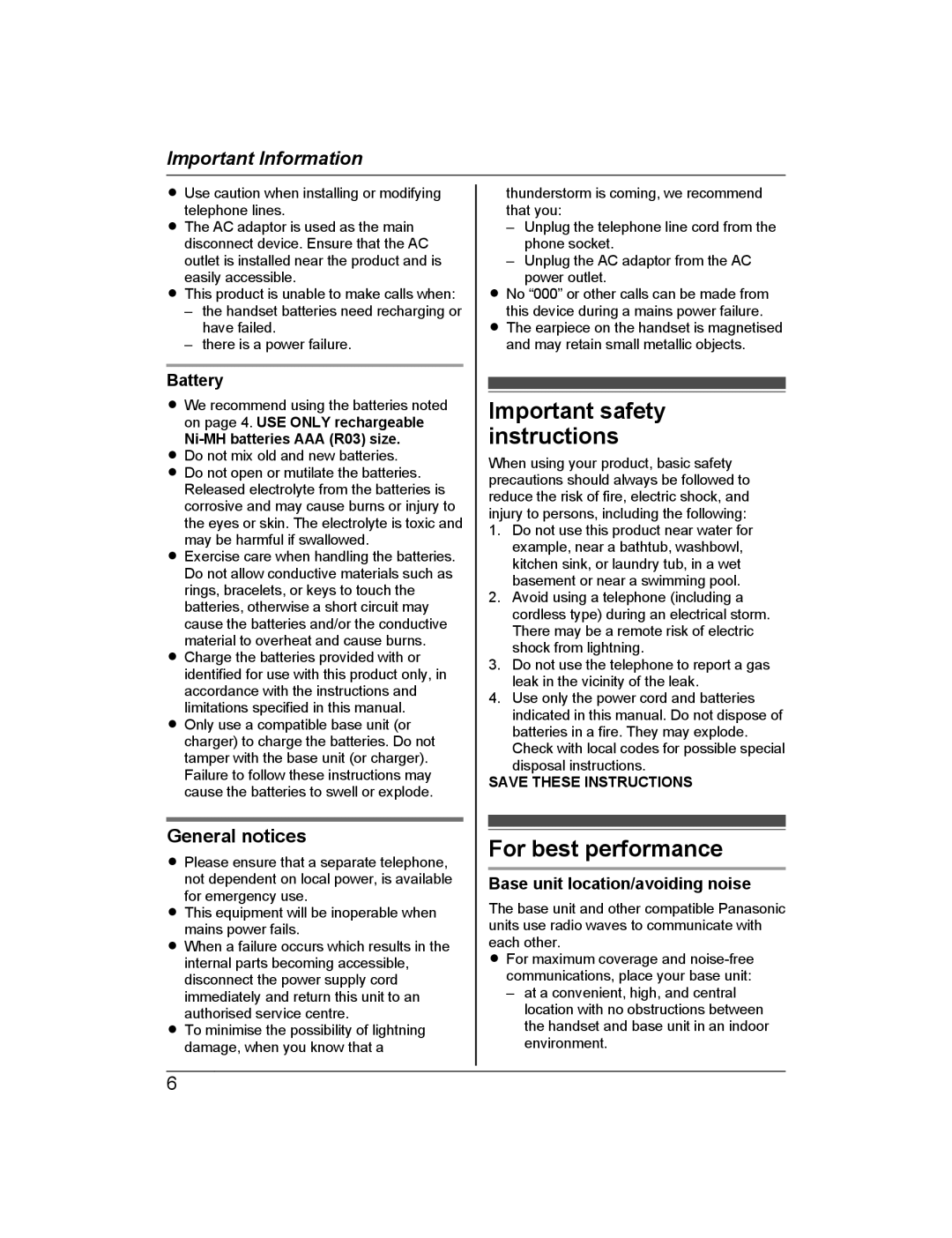 Panasonic KX-TG722AL, KX-TG2721AL Important safety instructions, For best performance, General notices, Battery 