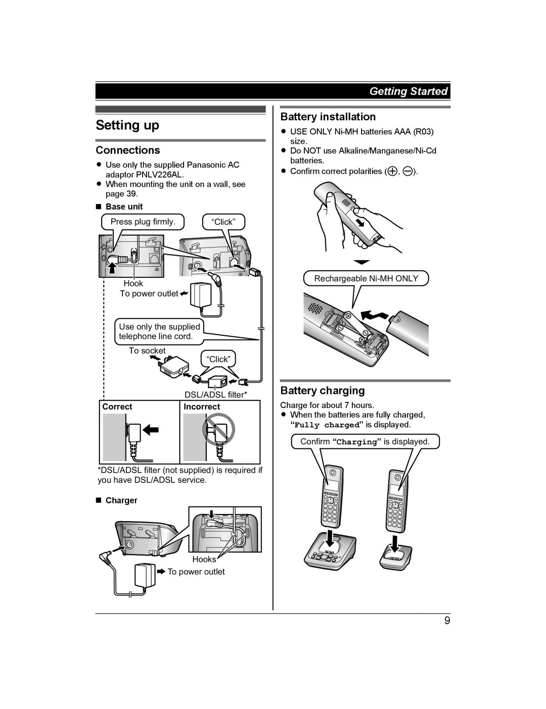 Panasonic KX-TG2721AL, KX-TG722AL operating instructions Setting up, Connections, Battery installation, Battery charging 