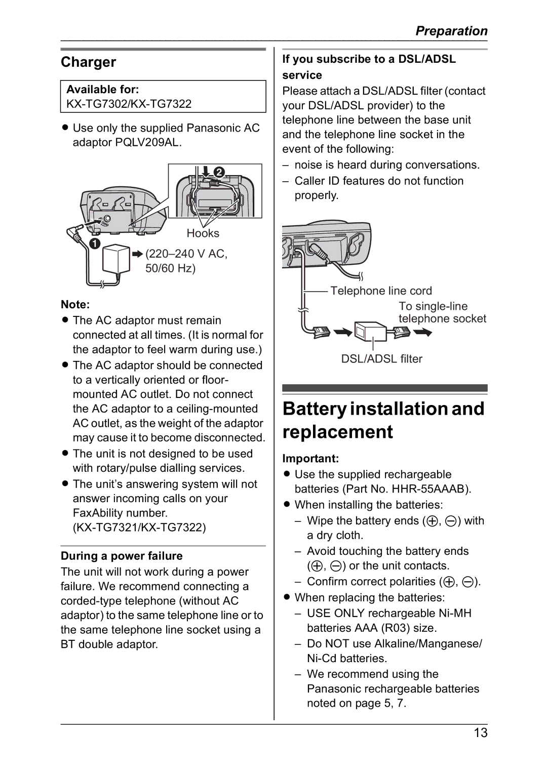 Panasonic KX-TG7301NZ, KX-TG7302NZ Battery installation and replacement, Charger, Available for, During a power failure 