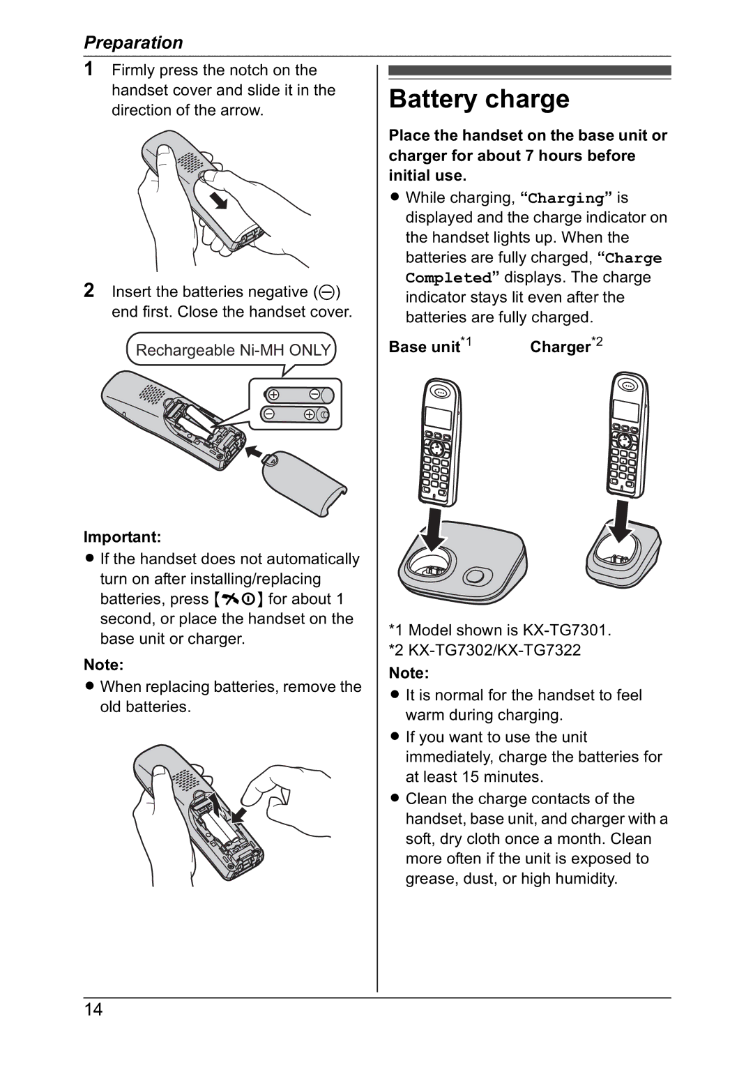 Panasonic KX-TG7302NZ, KX-TG7301NZ operating instructions Battery charge, Base unit*1 Charger*2 