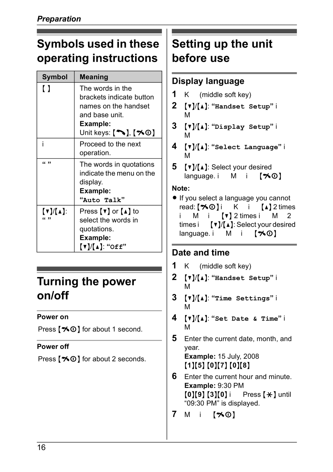 Panasonic KX-TG7302NZ Turning the power on/off, Setting up the unit before use, Display language, Date and time 