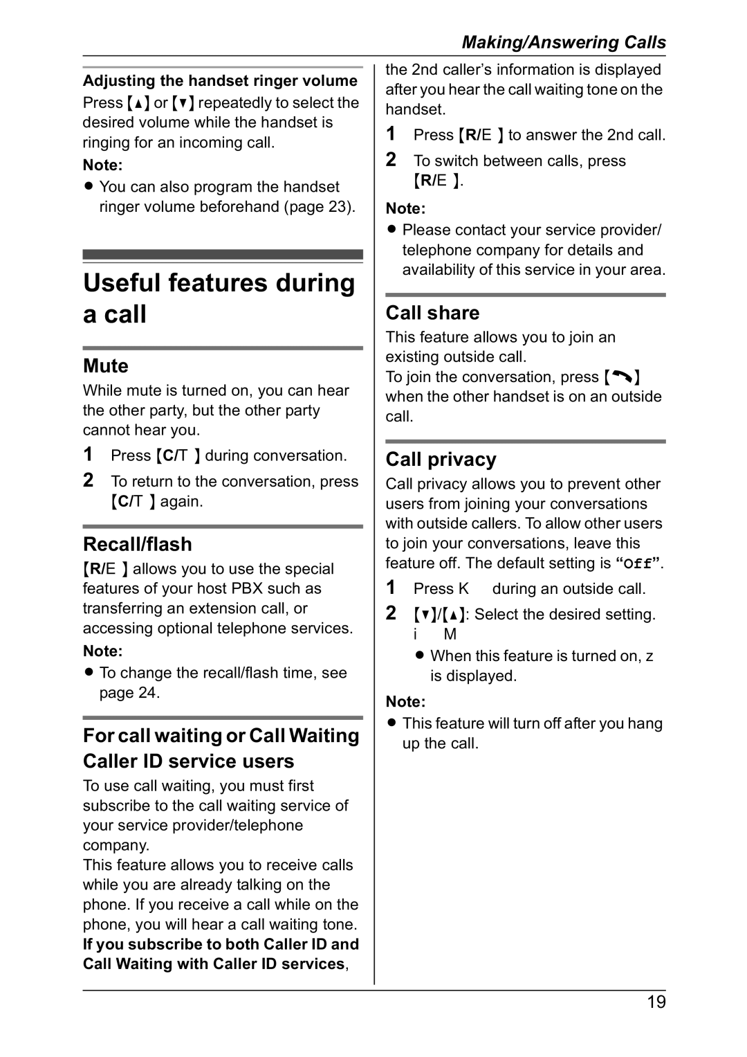 Panasonic KX-TG7301NZ, KX-TG7302NZ Useful features during a call, Mute, Recall/flash, Call share, Call privacy 