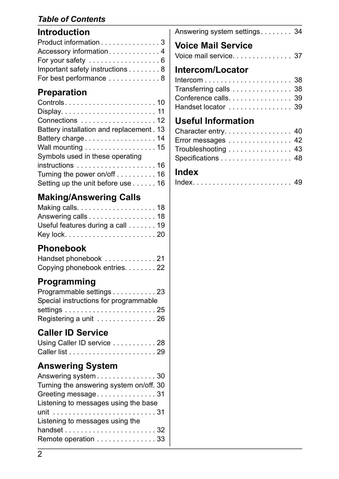 Panasonic KX-TG7302NZ Introduction, Preparation, Making/Answering Calls, Phonebook, Programming, Caller ID Service, Index 