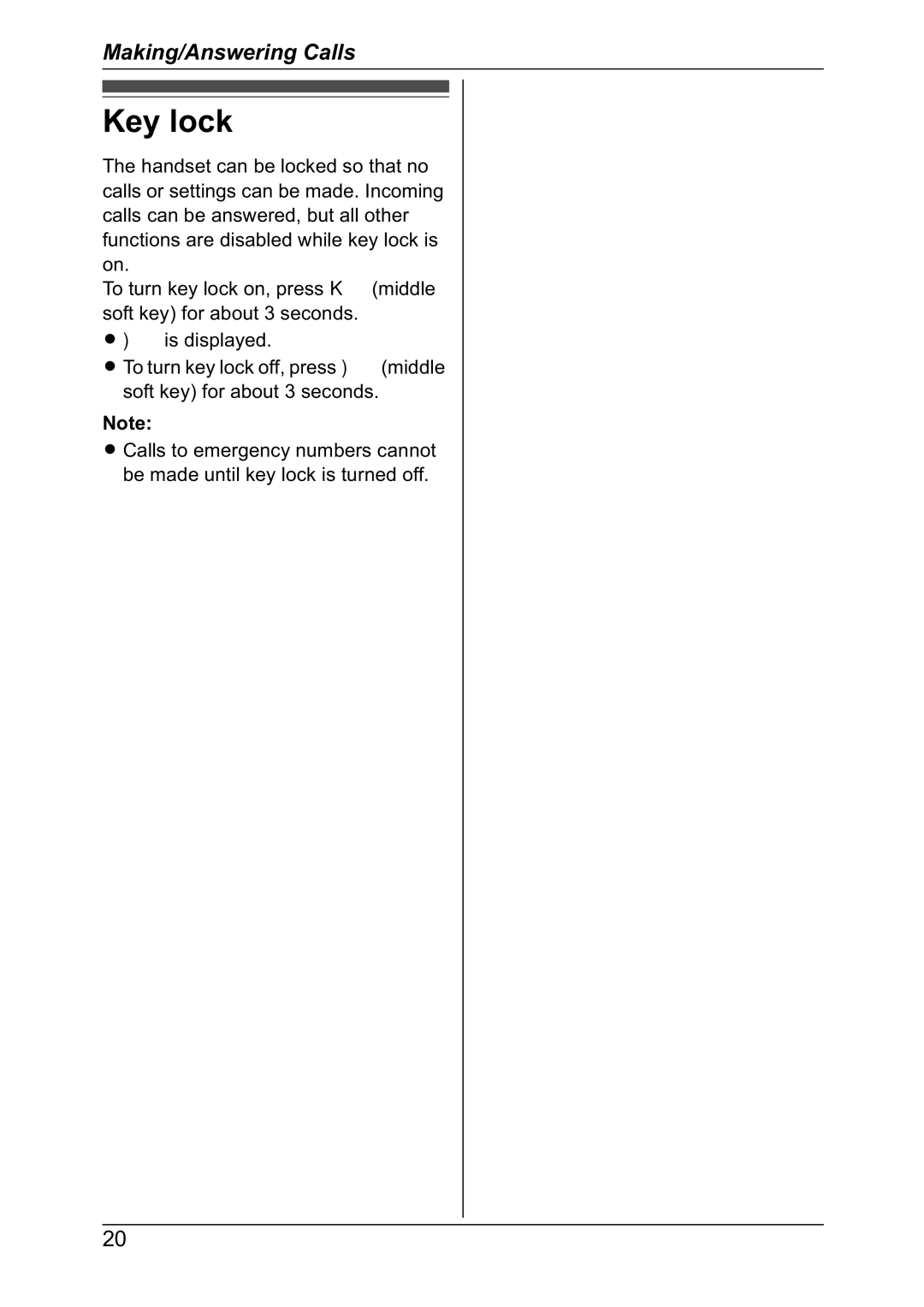 Panasonic KX-TG7302NZ, KX-TG7301NZ operating instructions Key lock 