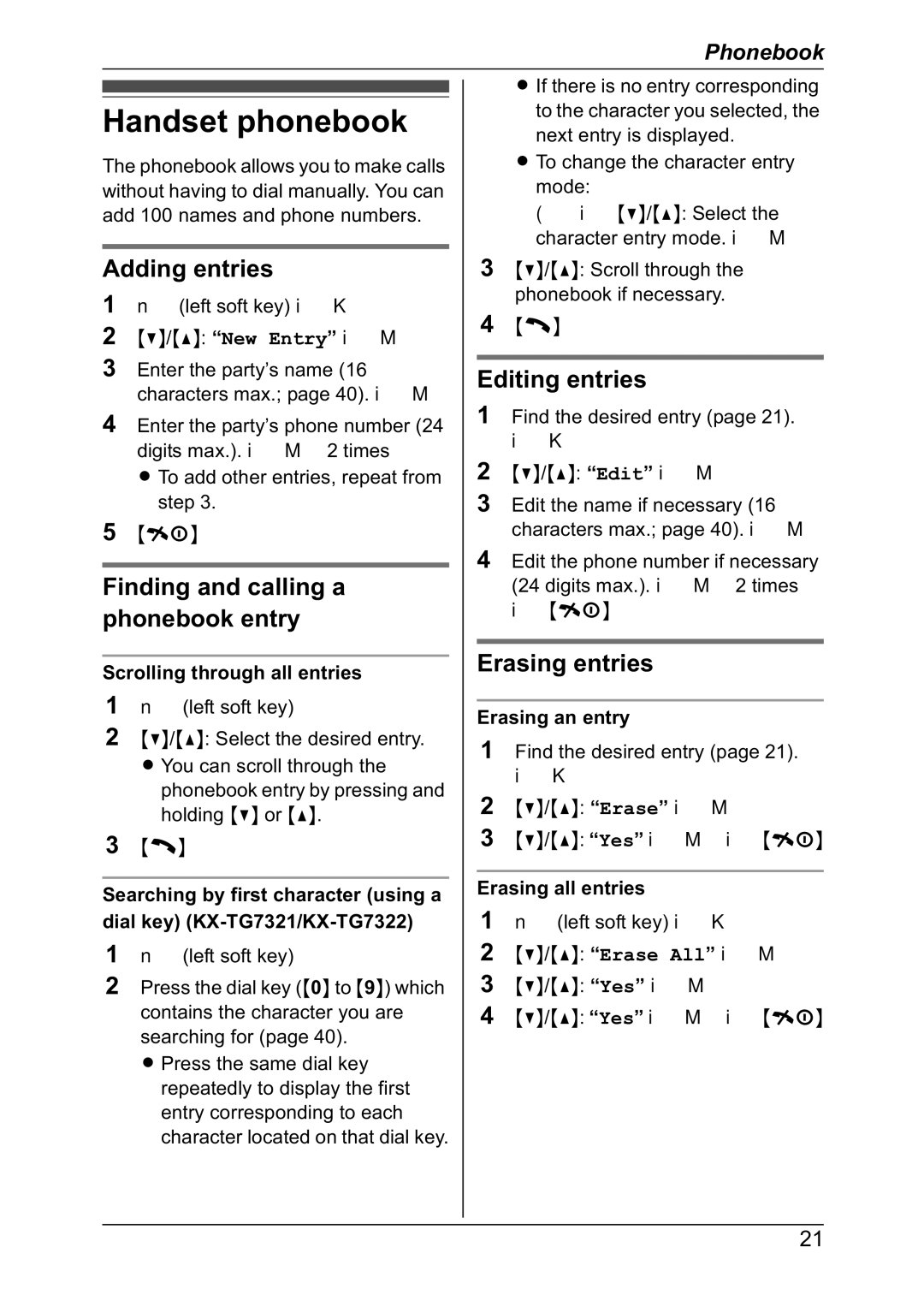 Panasonic KX-TG7301NZ Handset phonebook, Adding entries, Finding and calling a phonebook entry, Editing entries 