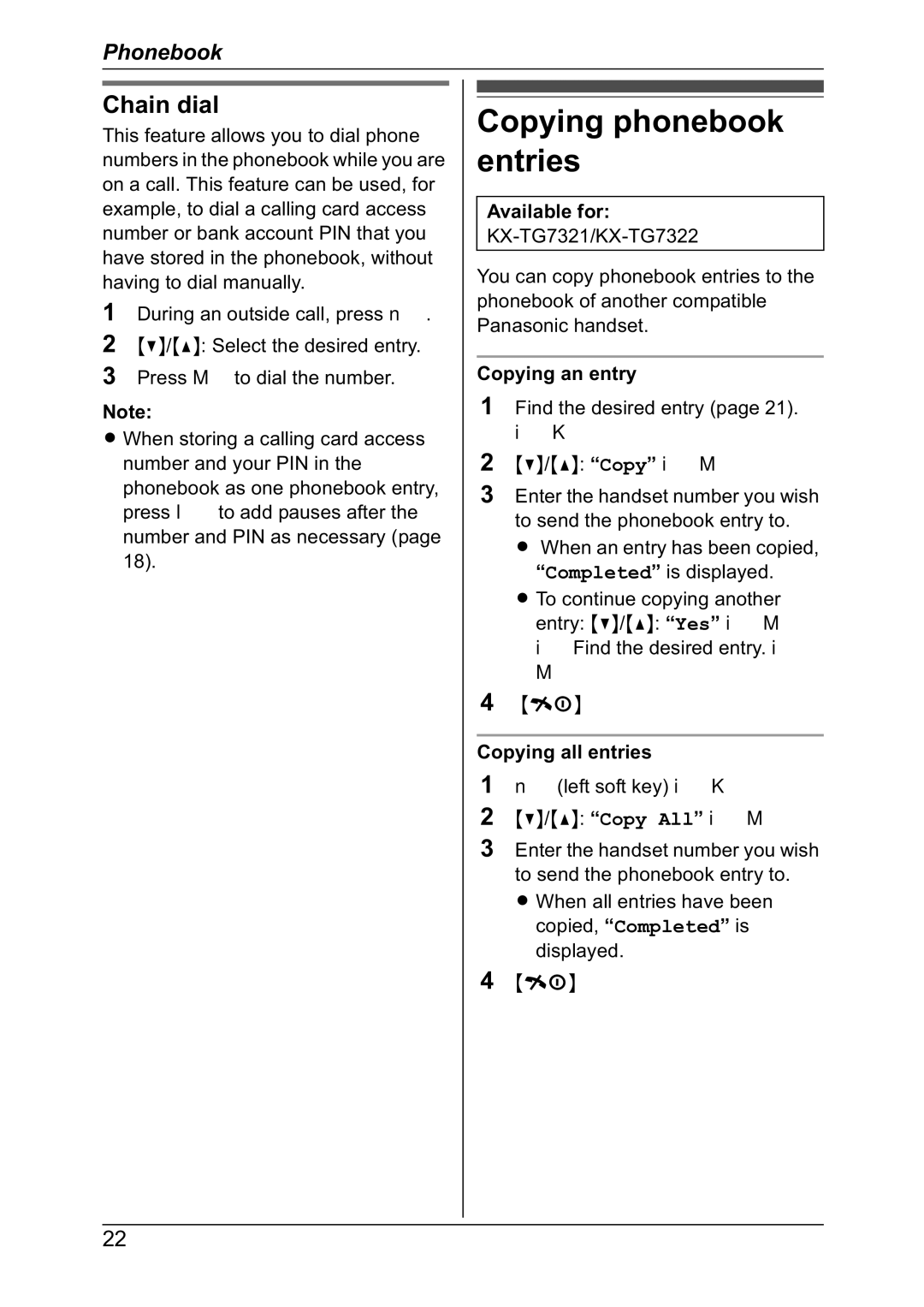 Panasonic KX-TG7302NZ, KX-TG7301NZ Copying phonebook entries, Chain dial, Copying an entry, Copying all entries 