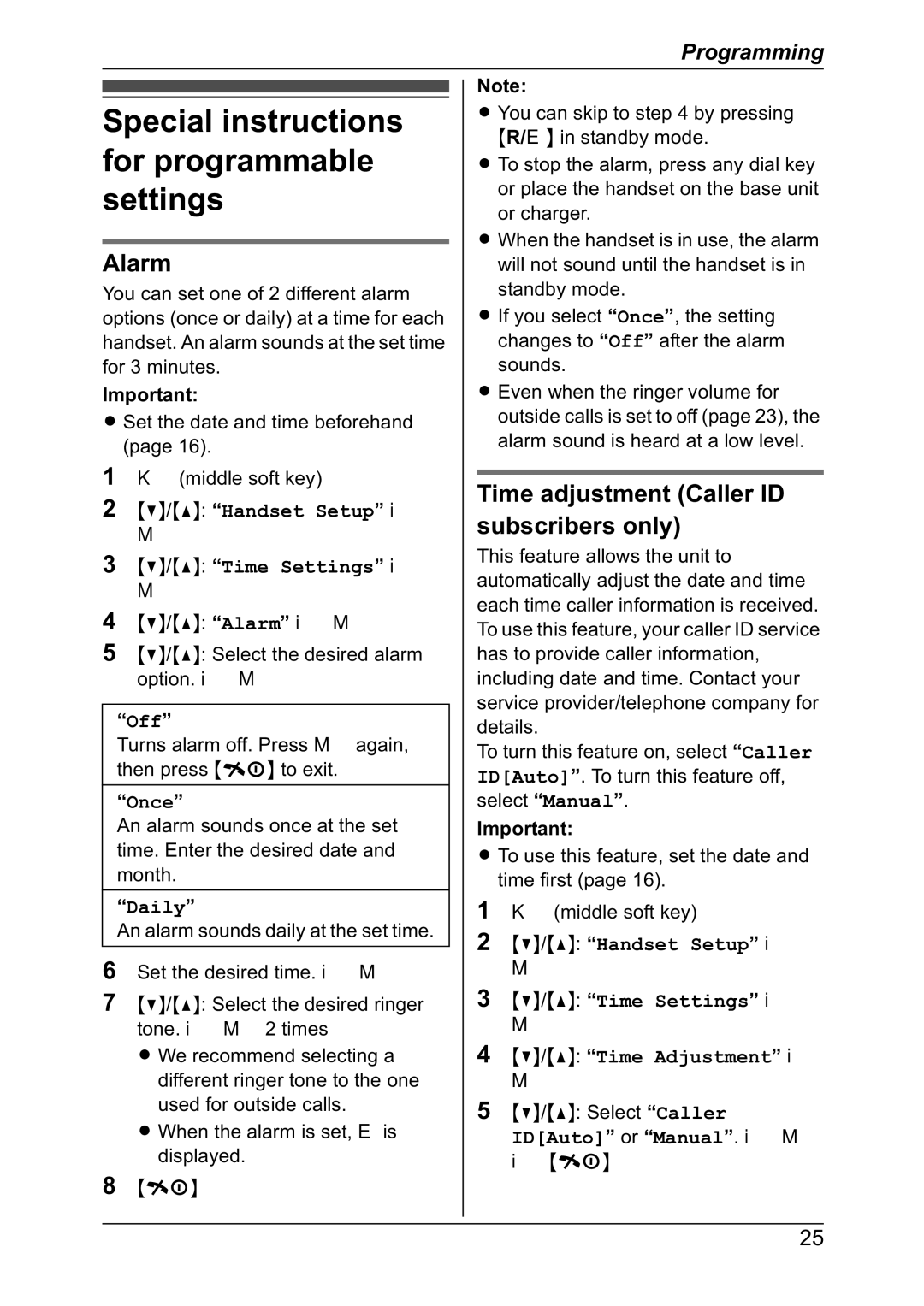 Panasonic KX-TG7301NZ Special instructions for programmable settings, Alarm, Time adjustment Caller ID subscribers only 