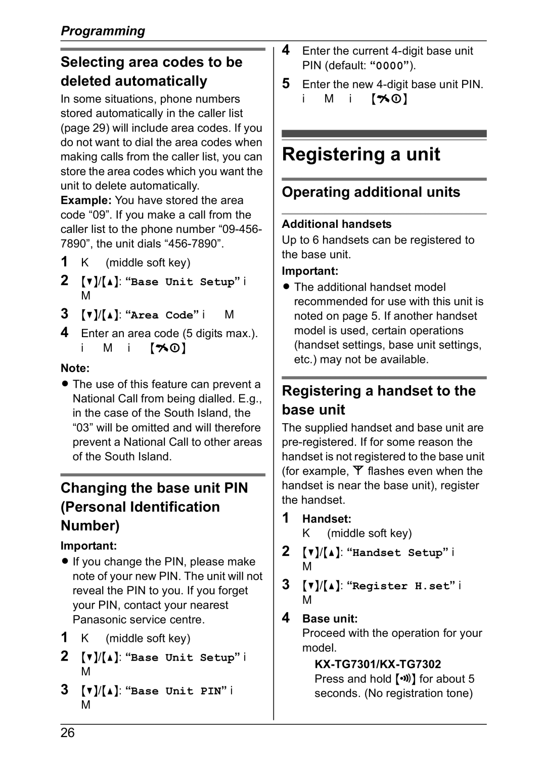 Panasonic KX-TG7302NZ Registering a unit, Selecting area codes to be deleted automatically, Operating additional units 