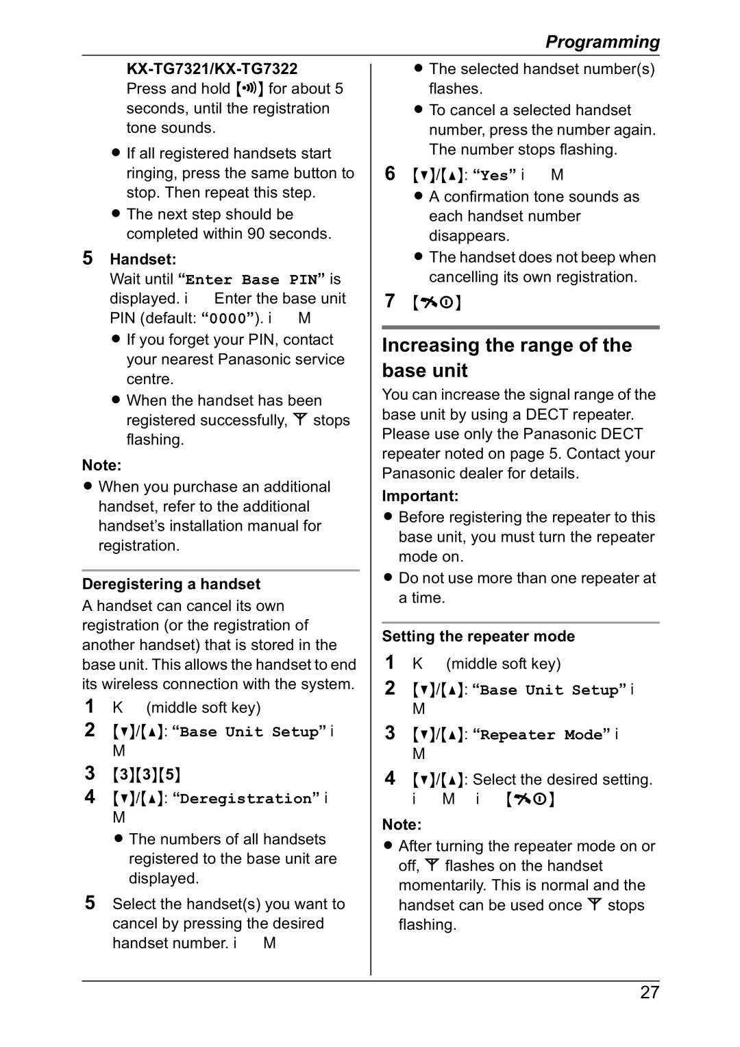 Panasonic KX-TG7301NZ, KX-TG7302NZ Increasing the range of the base unit, Deregistration, Base Unit Setup Repeater Mode 