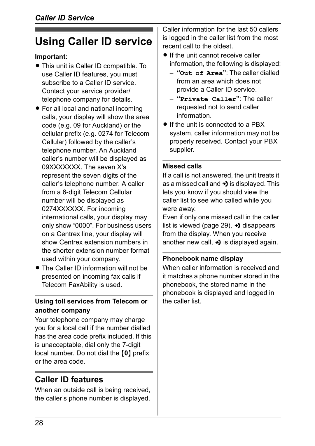 Panasonic KX-TG7302NZ Using Caller ID service, Caller ID features, Using toll services from Telecom or another company 