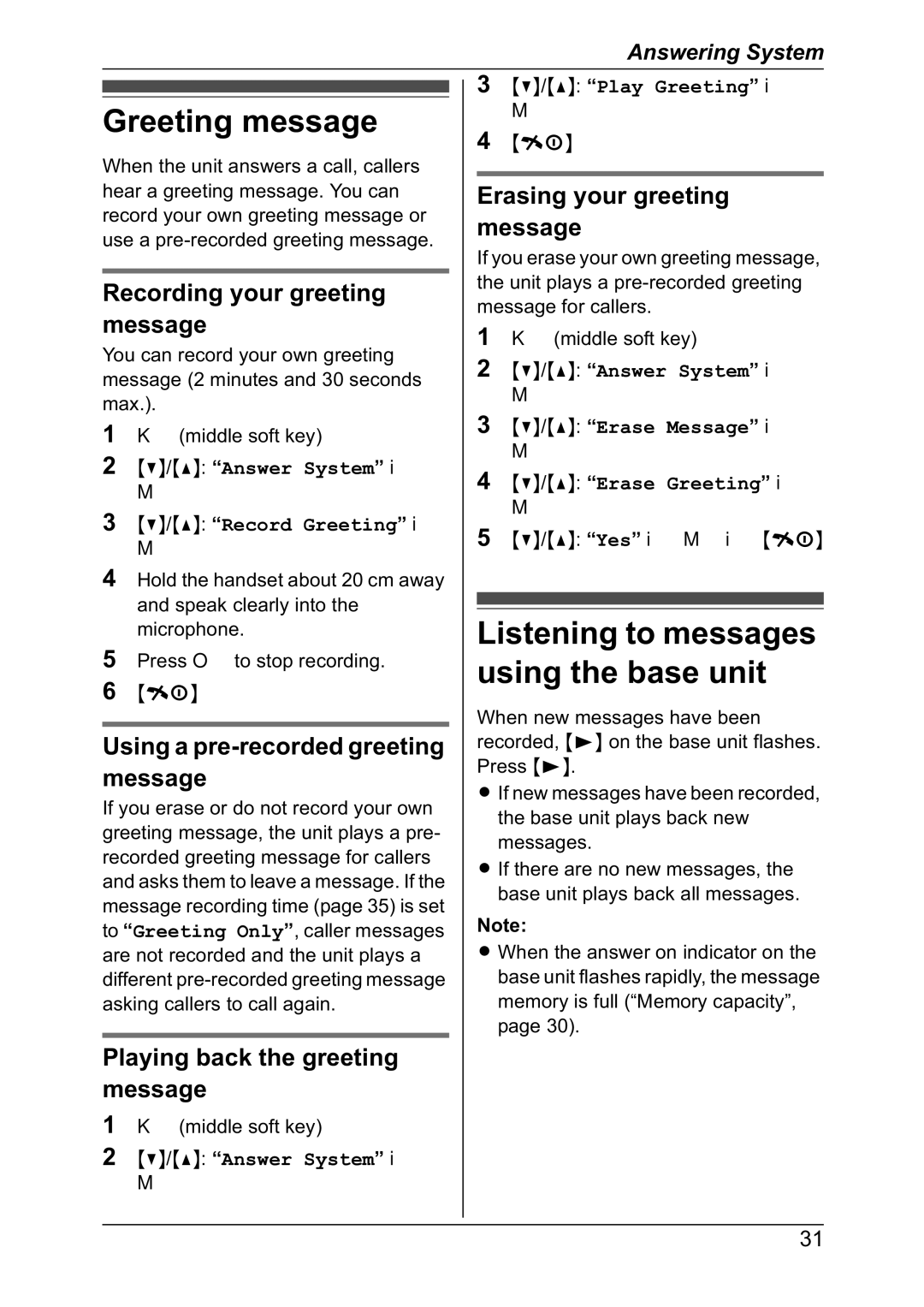 Panasonic KX-TG7301NZ Greeting message, Recording your greeting message, Using a pre-recorded greeting message 