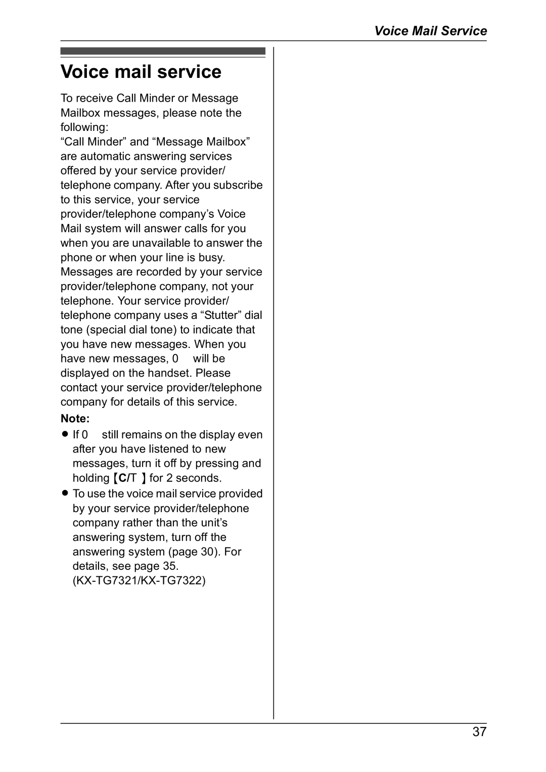 Panasonic KX-TG7301NZ, KX-TG7302NZ operating instructions Voice mail service 