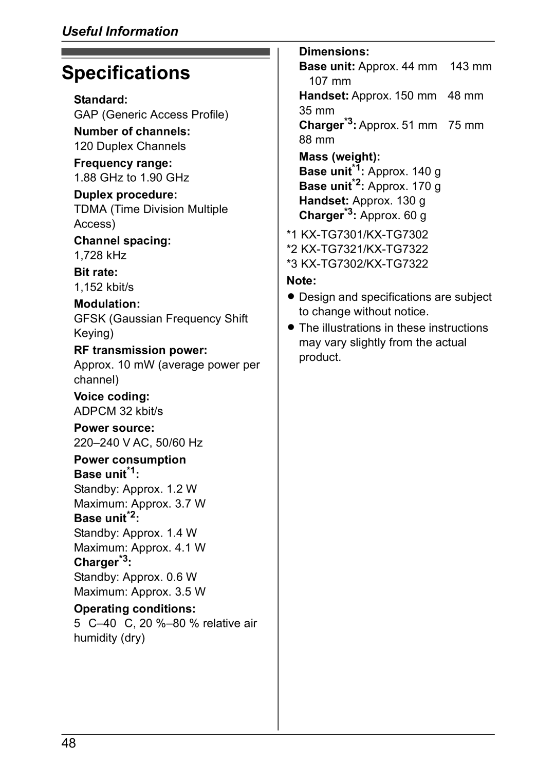 Panasonic KX-TG7302NZ, KX-TG7301NZ operating instructions Specifications 