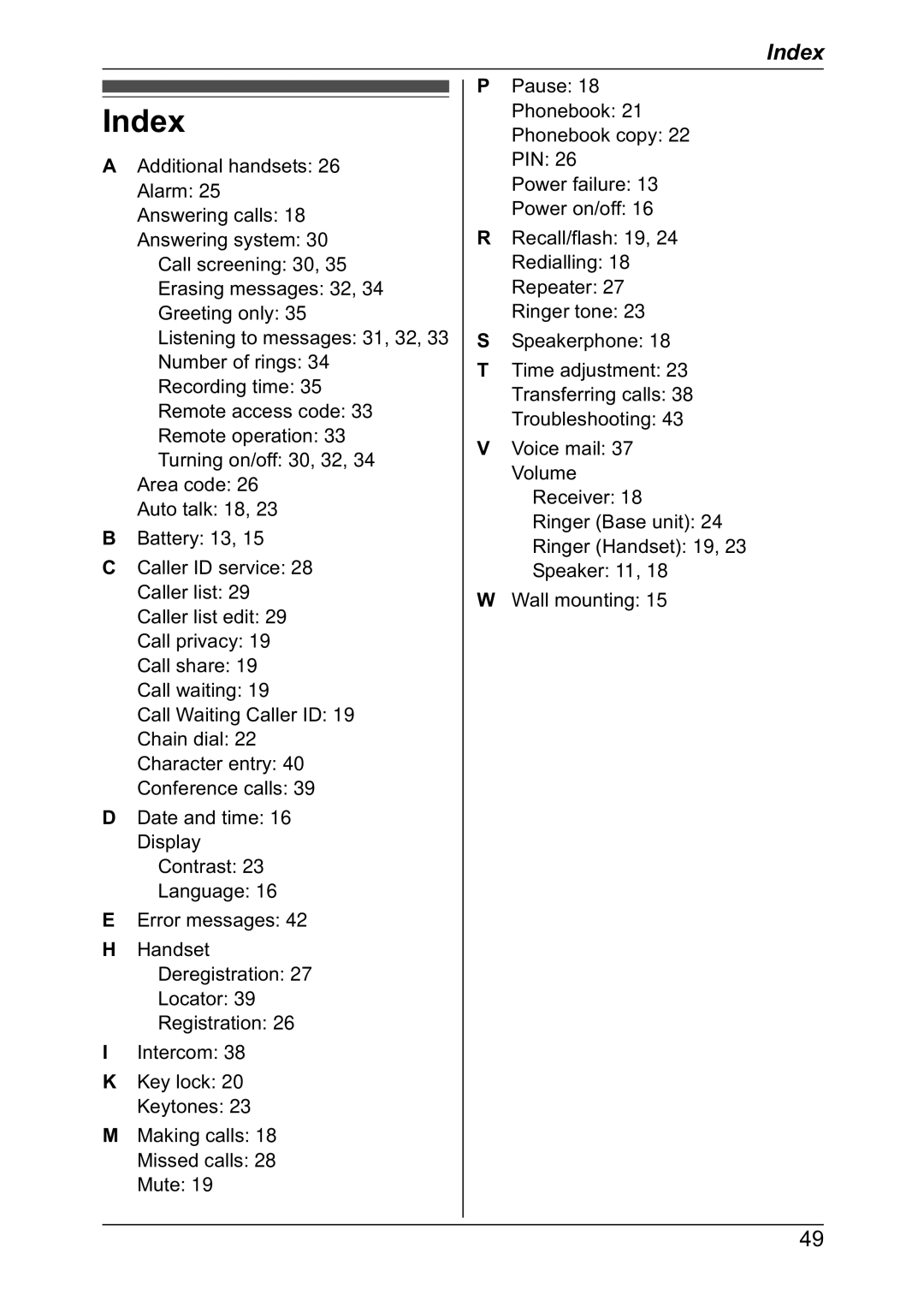 Panasonic KX-TG7301NZ, KX-TG7302NZ operating instructions Index 