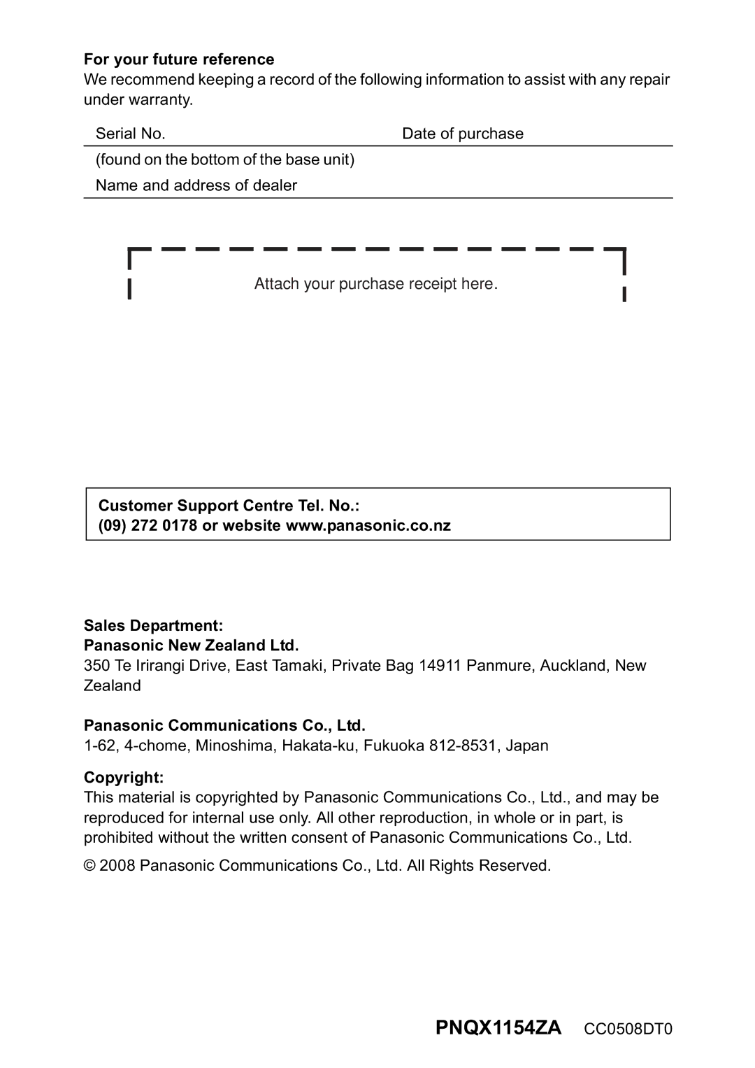 Panasonic KX-TG7302NZ PNQX1154ZA CC0508DT0, For your future reference, Customer Support Centre Tel. No Sales Department 