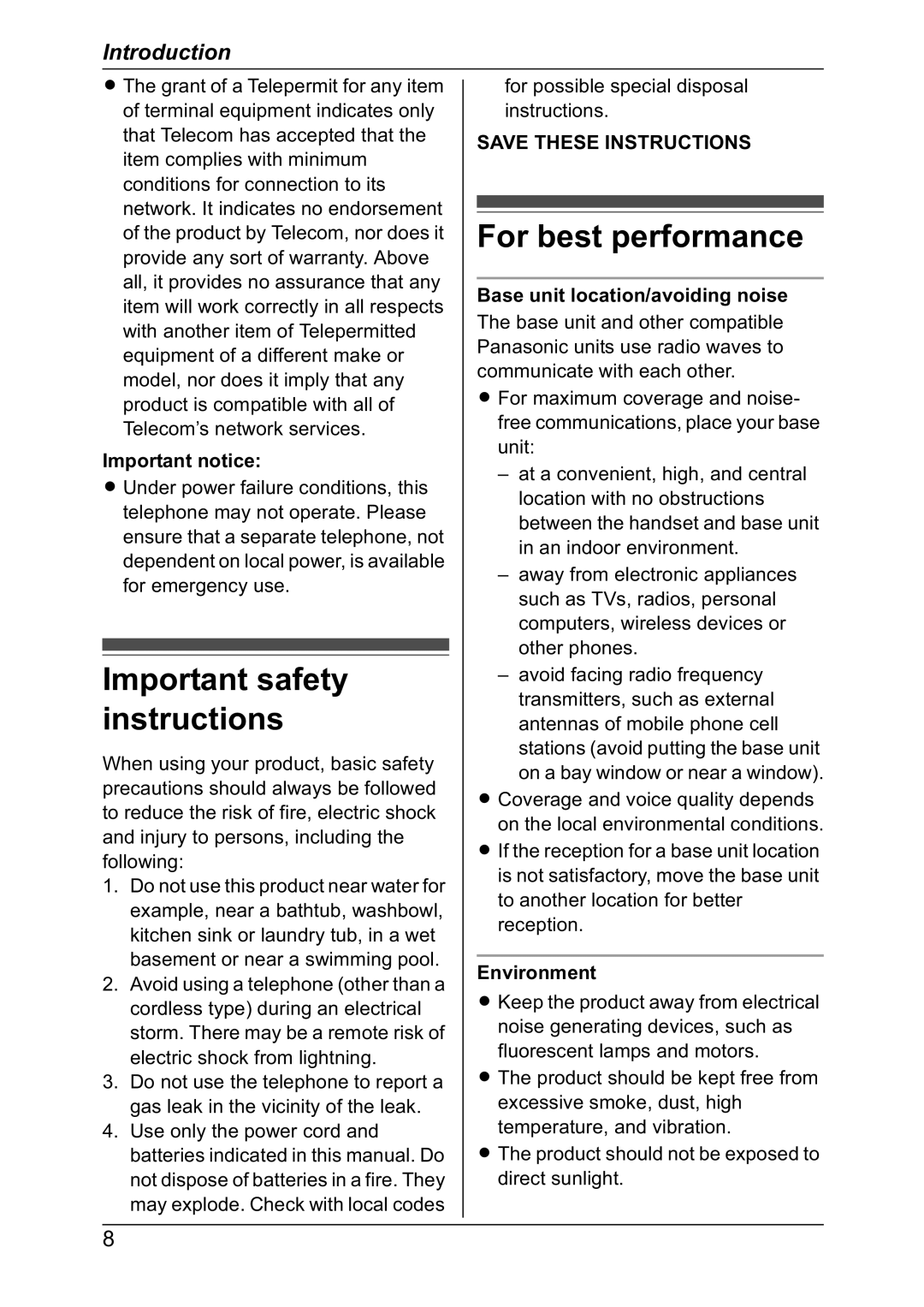 Panasonic KX-TG7302NZ, KX-TG7301NZ Important safety instructions, For best performance, Important notice, Environment 