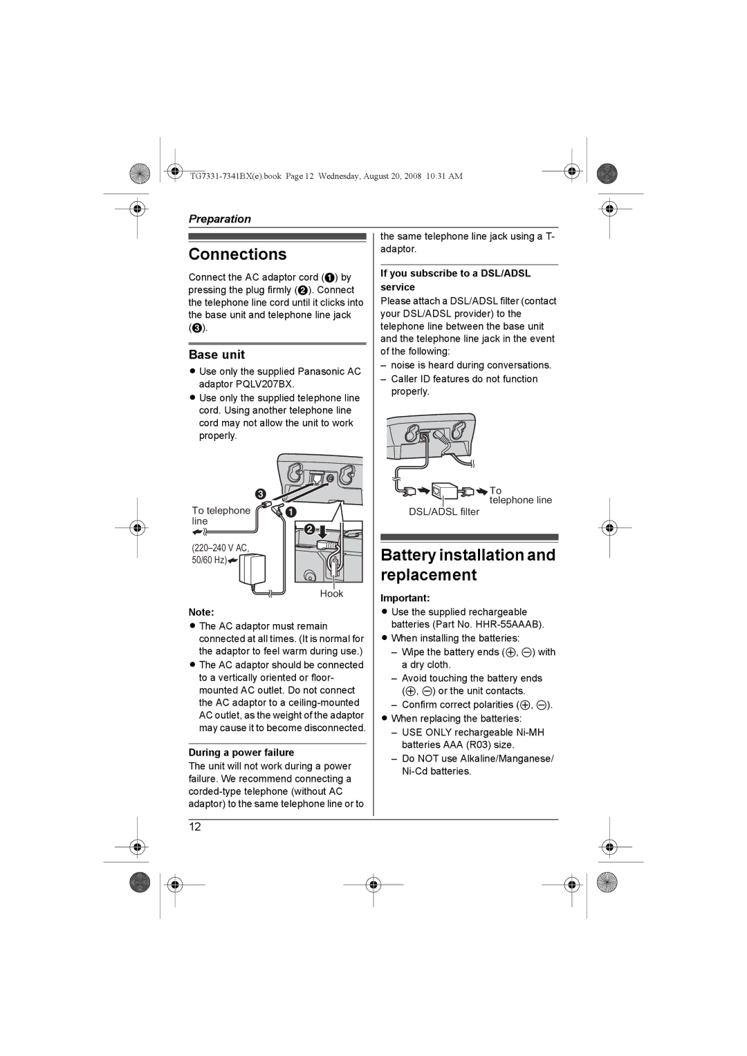 Panasonic KX-TG7341BX Connections, Battery installation and replacement, If you subscribe to a DSL/ADSL service 