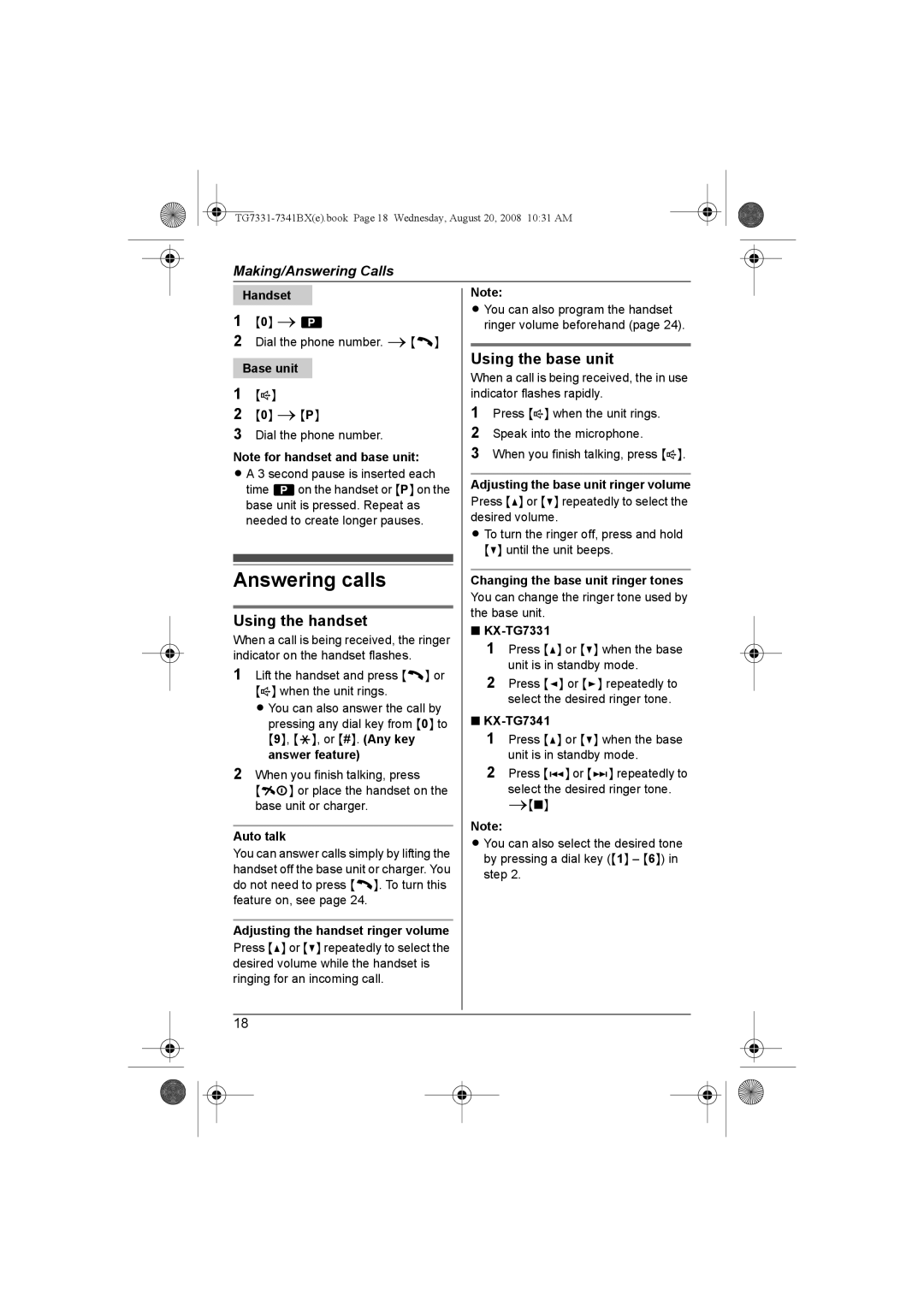 Panasonic KX-TG7341BX operating instructions Answering calls, Auto talk, Adjusting the base unit ringer volume 