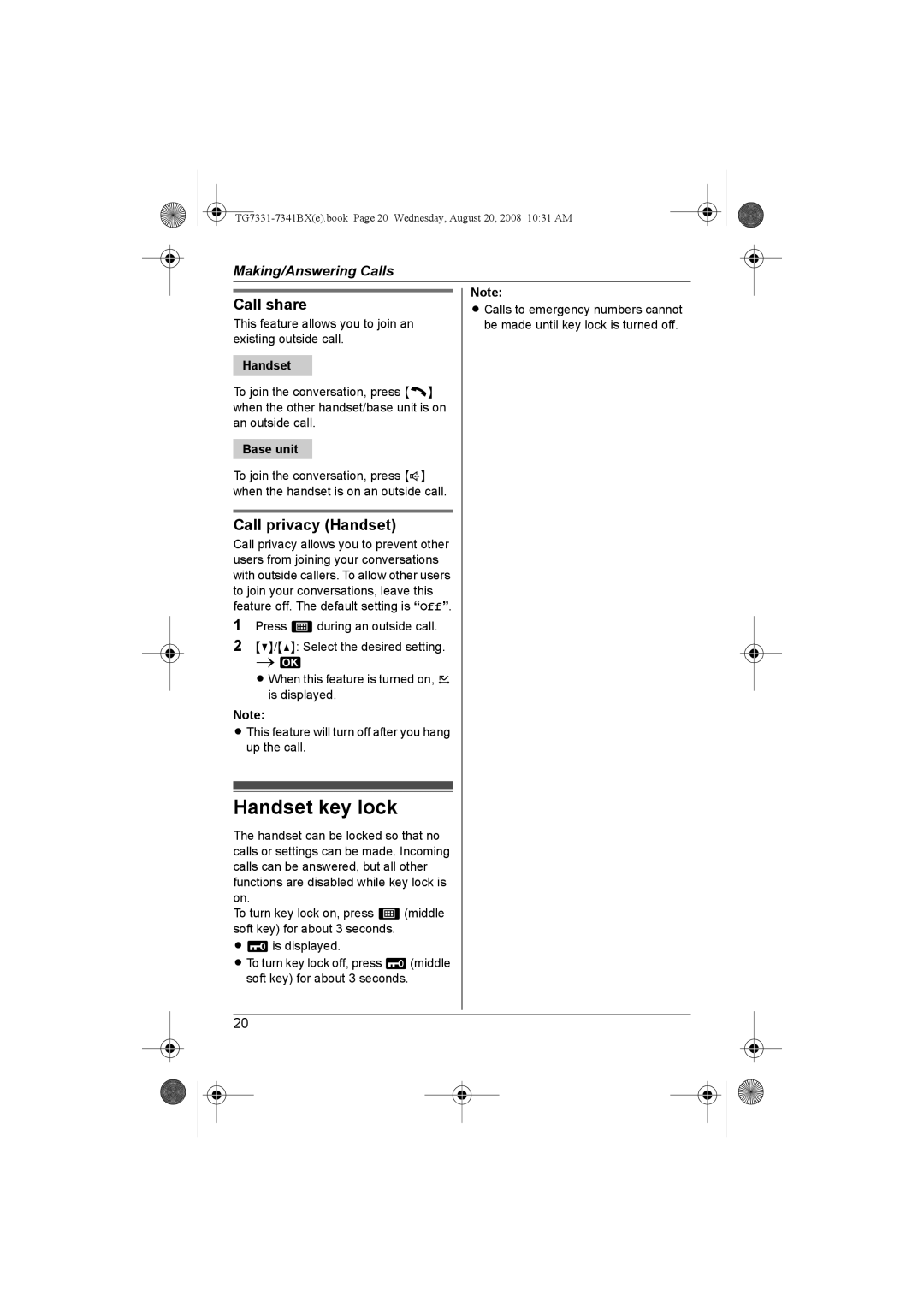 Panasonic KX-TG7341BX operating instructions Handset key lock, Call share, Call privacy Handset 