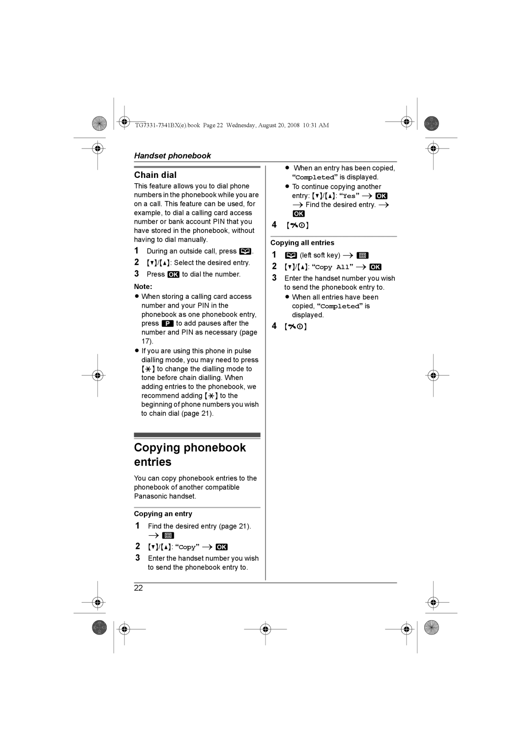 Panasonic KX-TG7341BX operating instructions Copying phonebook entries, Chain dial, Copying an entry, Copying all entries 