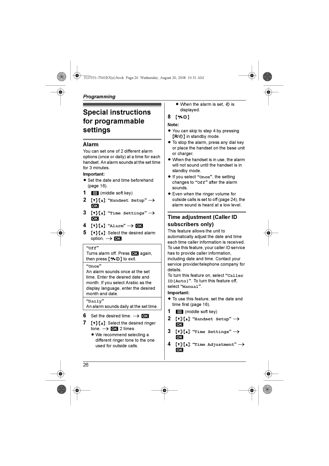 Panasonic KX-TG7341BX Special instructions for programmable settings, Alarm, Time adjustment Caller ID subscribers only 