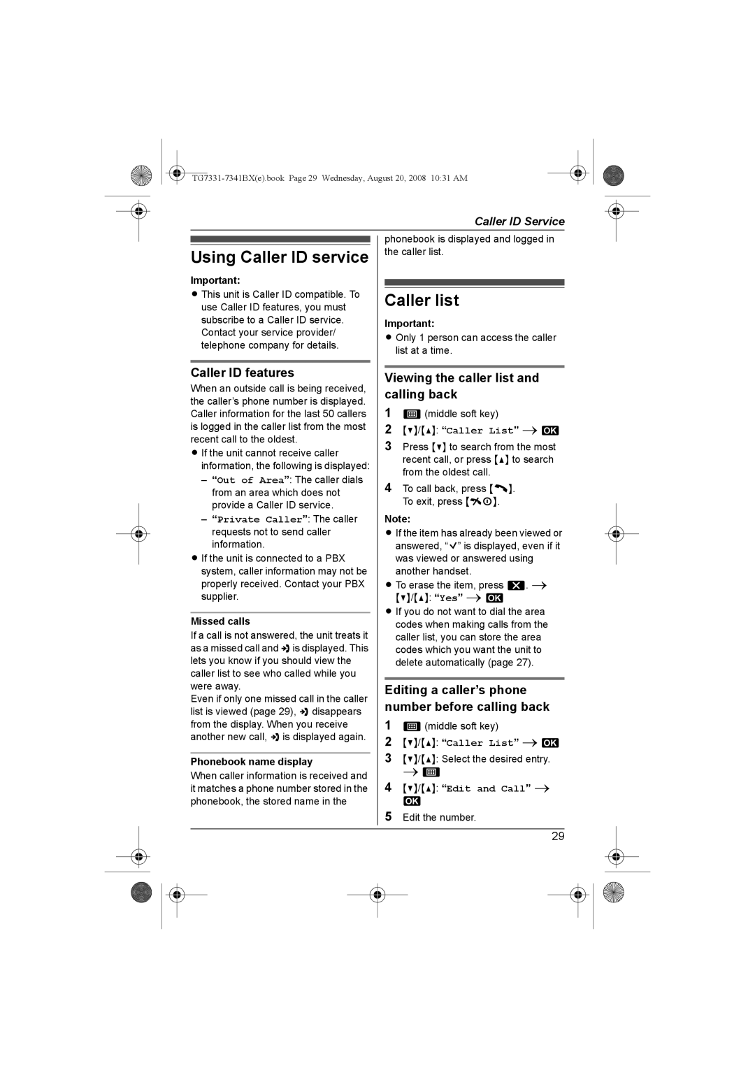 Panasonic KX-TG7341BX operating instructions Using Caller ID service, Caller list 