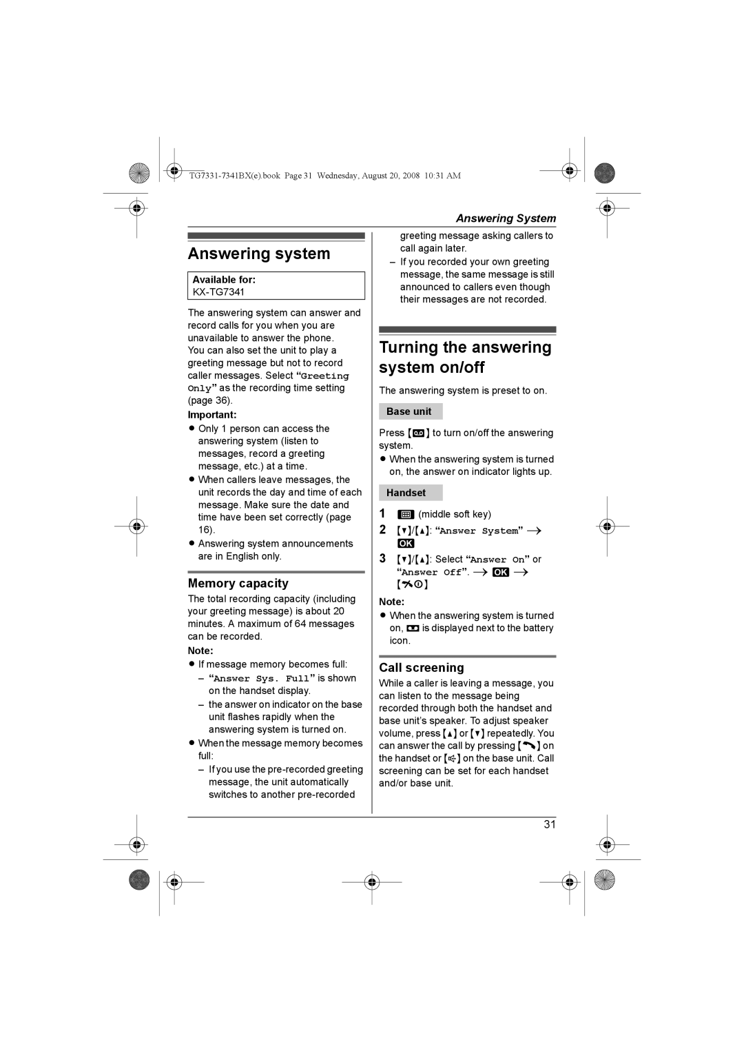 Panasonic KX-TG7341BX Answering system, Turning the answering system on/off, Memory capacity, Call screening 