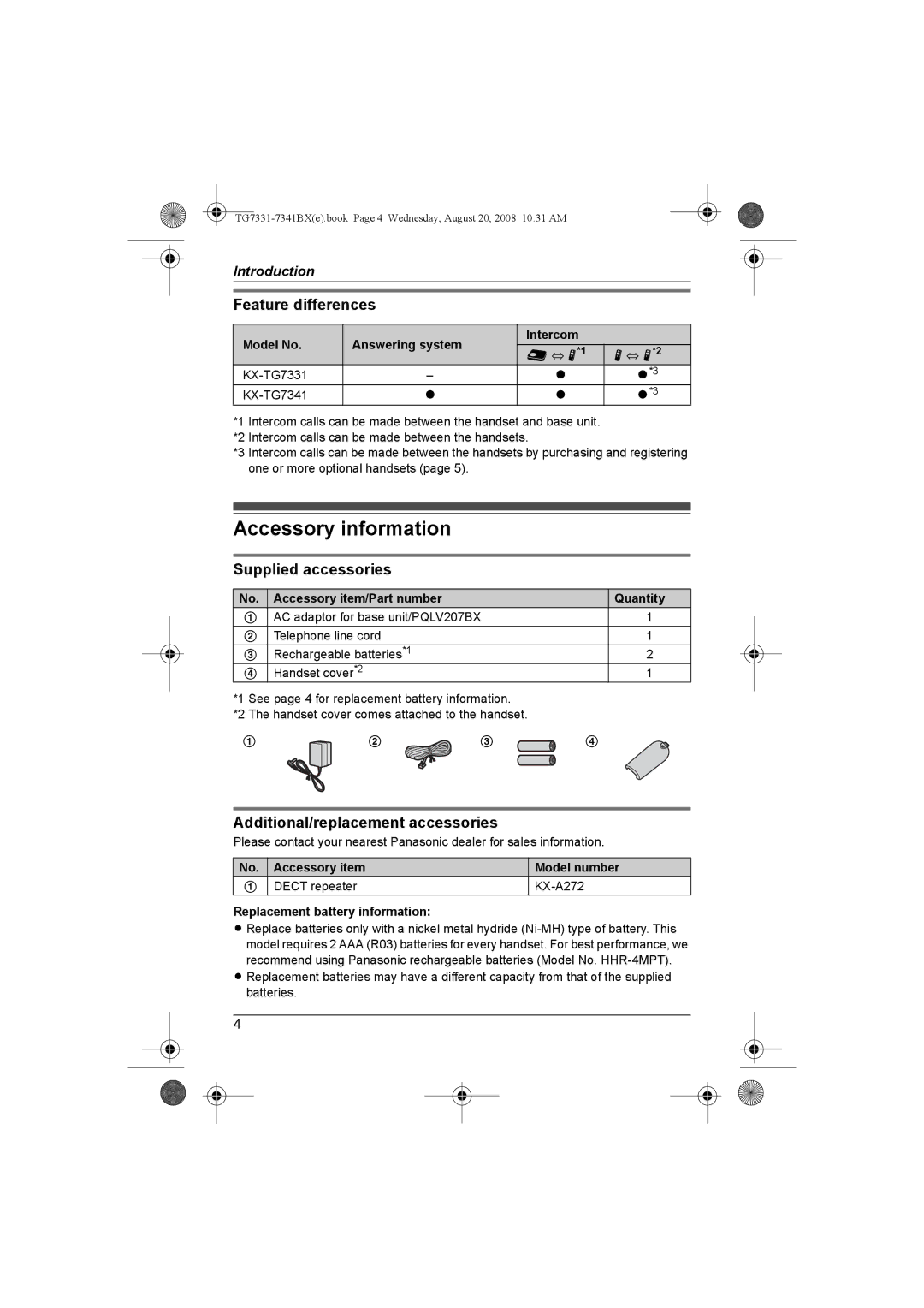 Panasonic KX-TG7341BX Accessory information, Feature differences, Supplied accessories, Additional/replacement accessories 