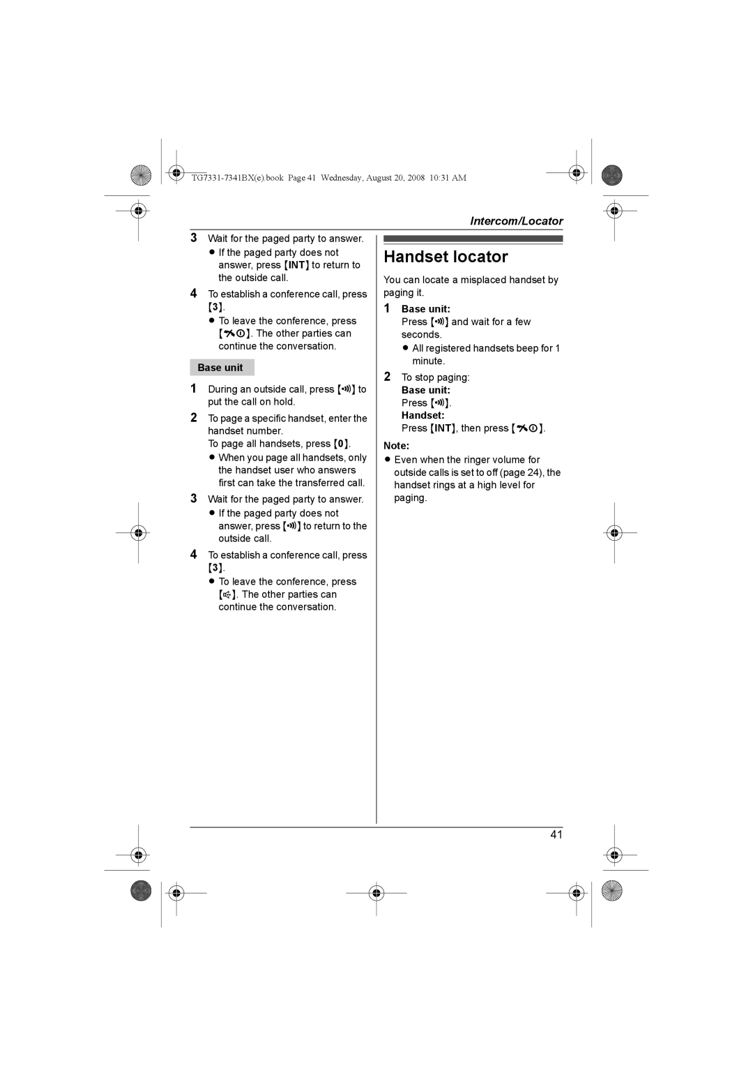 Panasonic KX-TG7341BX operating instructions Handset locator, Base unit Press Handset 