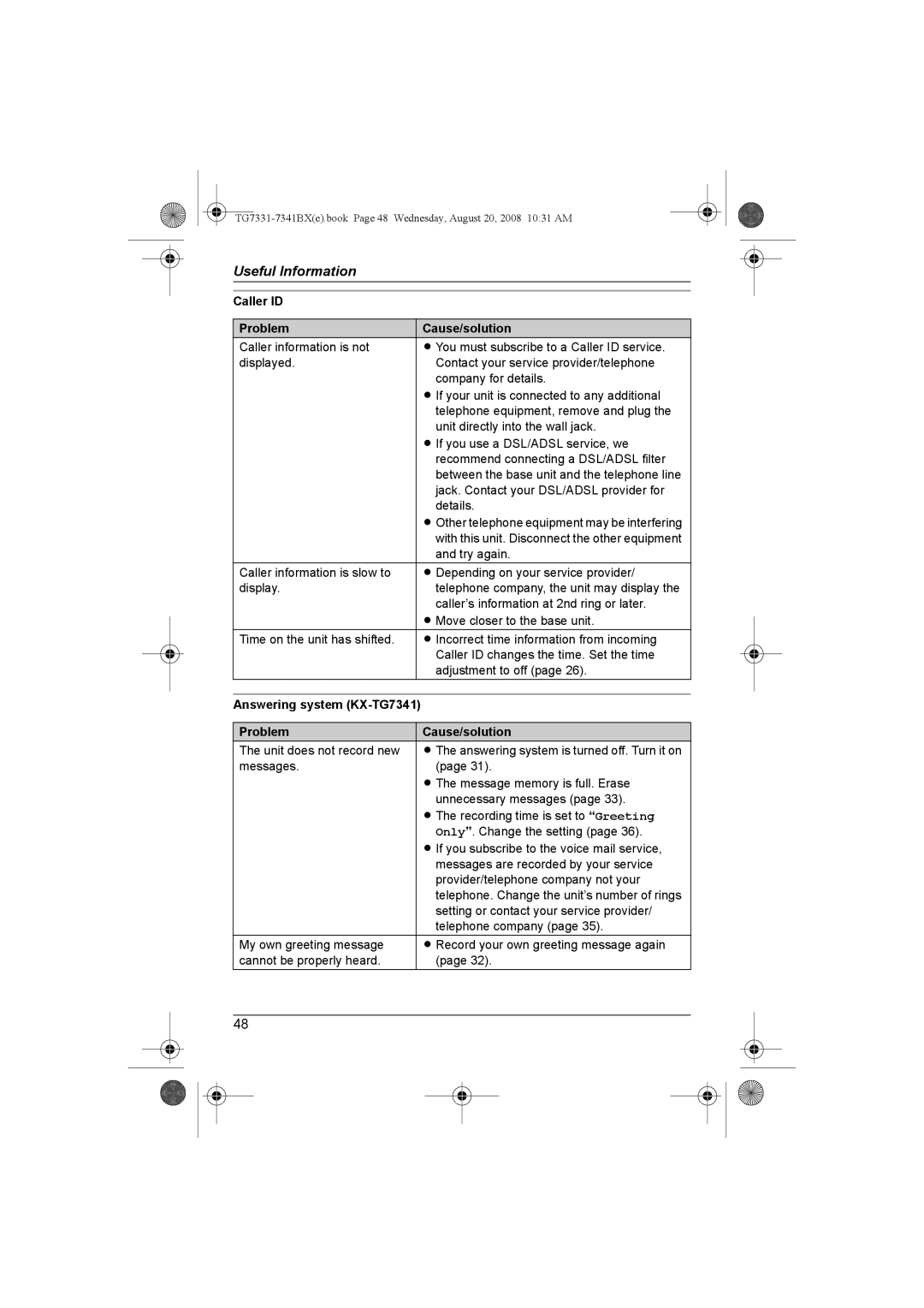 Panasonic KX-TG7341BX operating instructions Caller ID Problem Cause/solution 