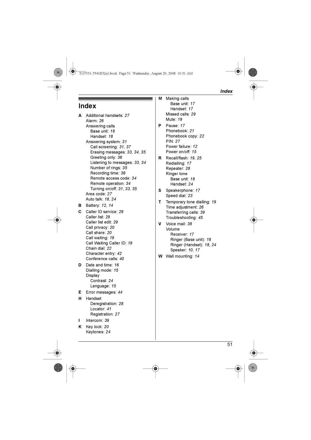 Panasonic KX-TG7341BX operating instructions Index 