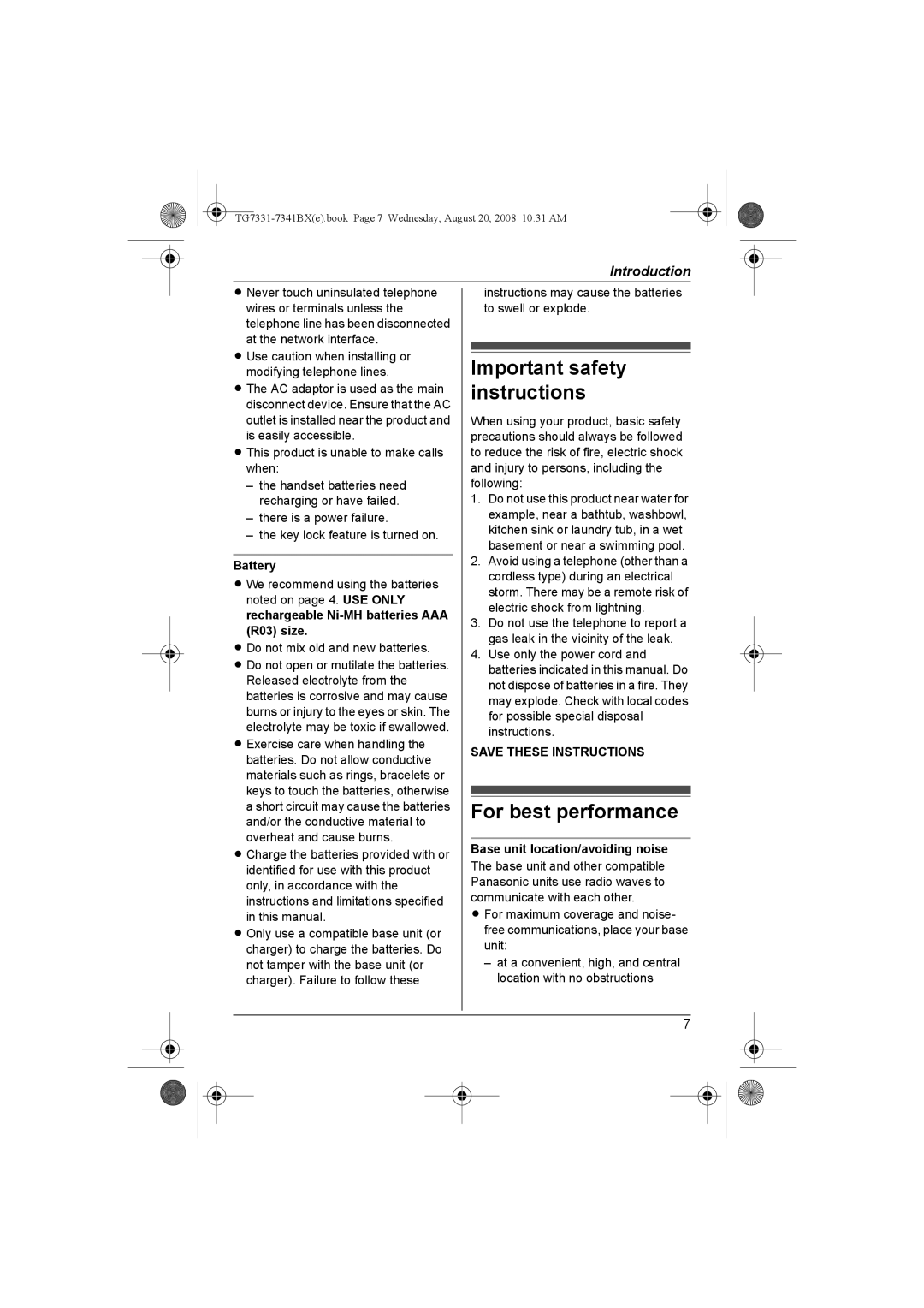 Panasonic KX-TG7341BX Important safety instructions, For best performance, Battery, Base unit location/avoiding noise 