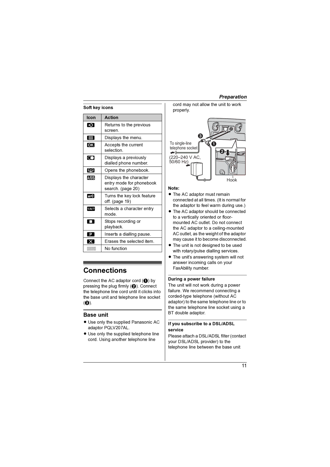 Panasonic KX-TG7341NZ operating instructions Connections, Soft key icons, Icon Action, During a power failure 