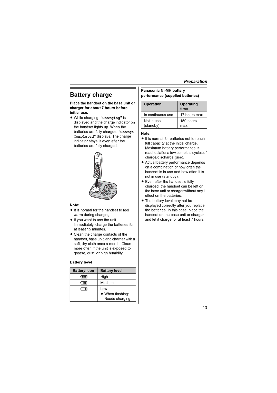 Panasonic KX-TG7341NZ operating instructions Battery charge, Battery level Battery icon, Operation Operating Time 