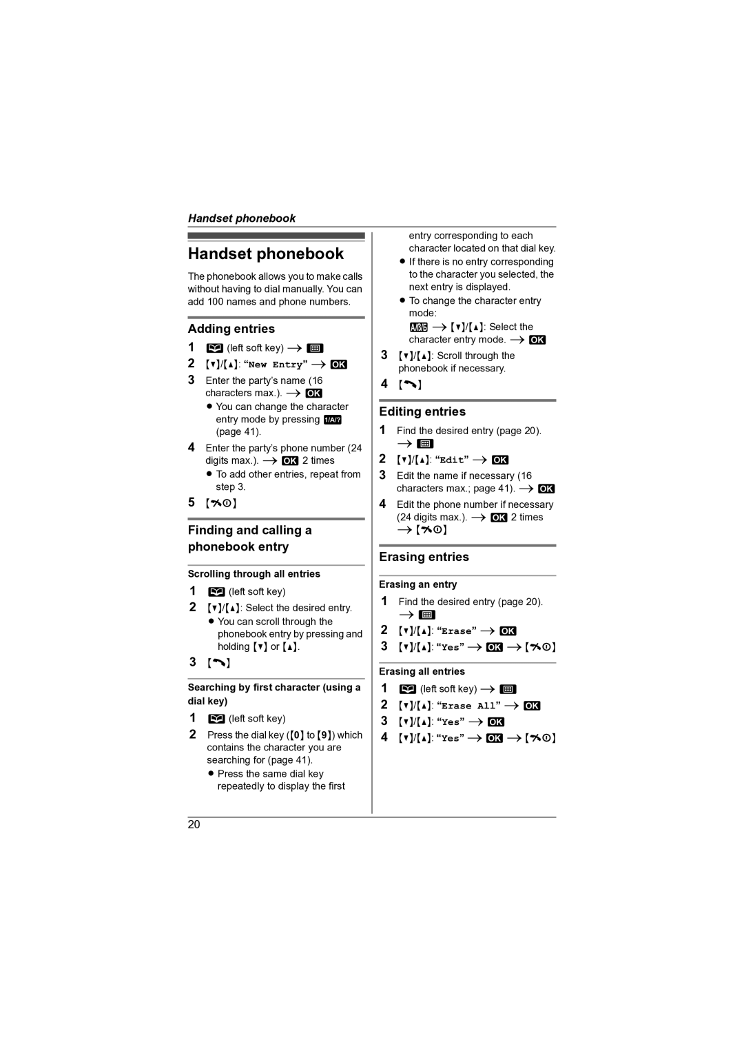 Panasonic KX-TG7341NZ Handset phonebook, Adding entries, Finding and calling a phonebook entry, Editing entries 