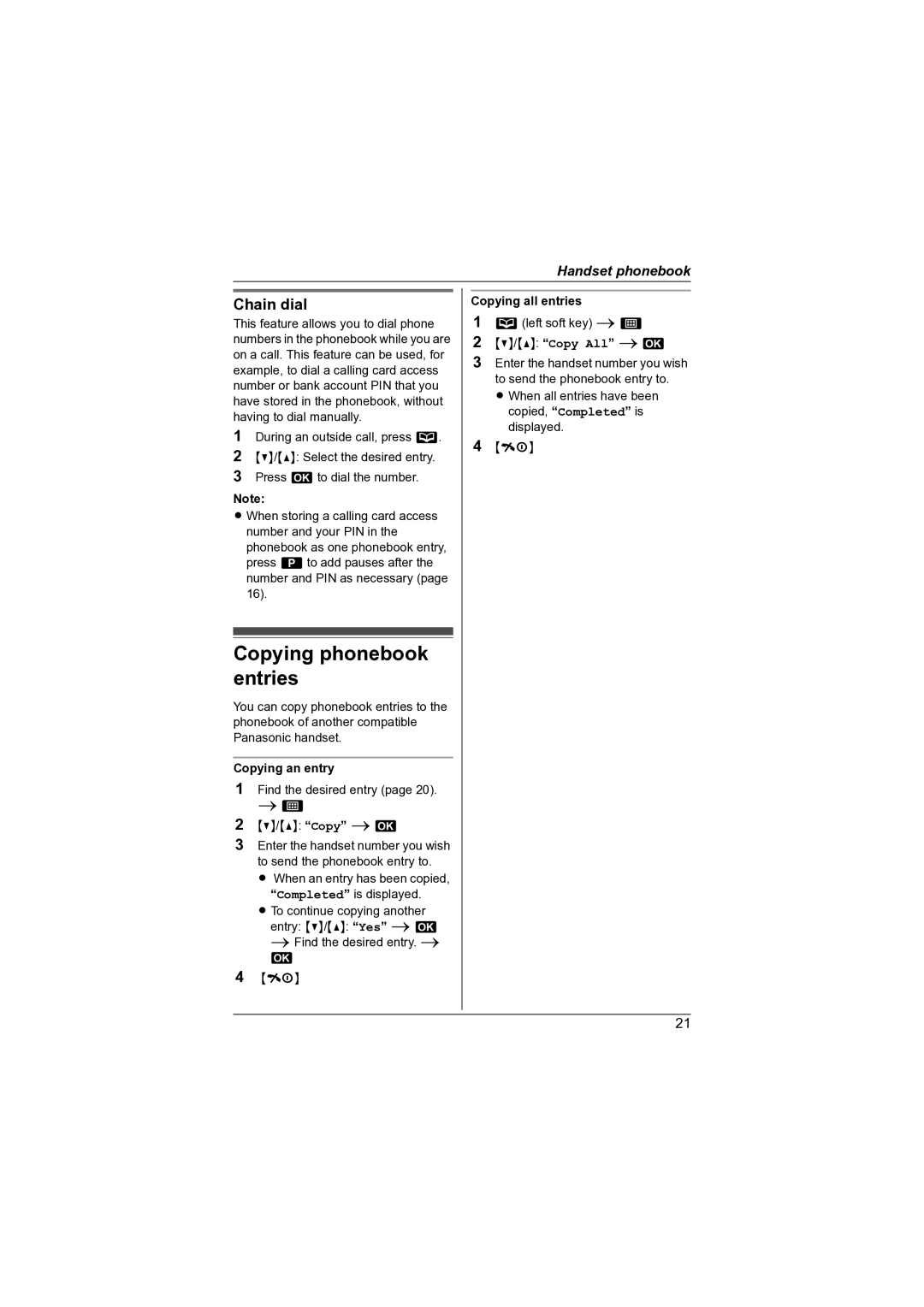 Panasonic KX-TG7341NZ operating instructions Copying phonebook entries, Chain dial, Copying an entry, Copying all entries 