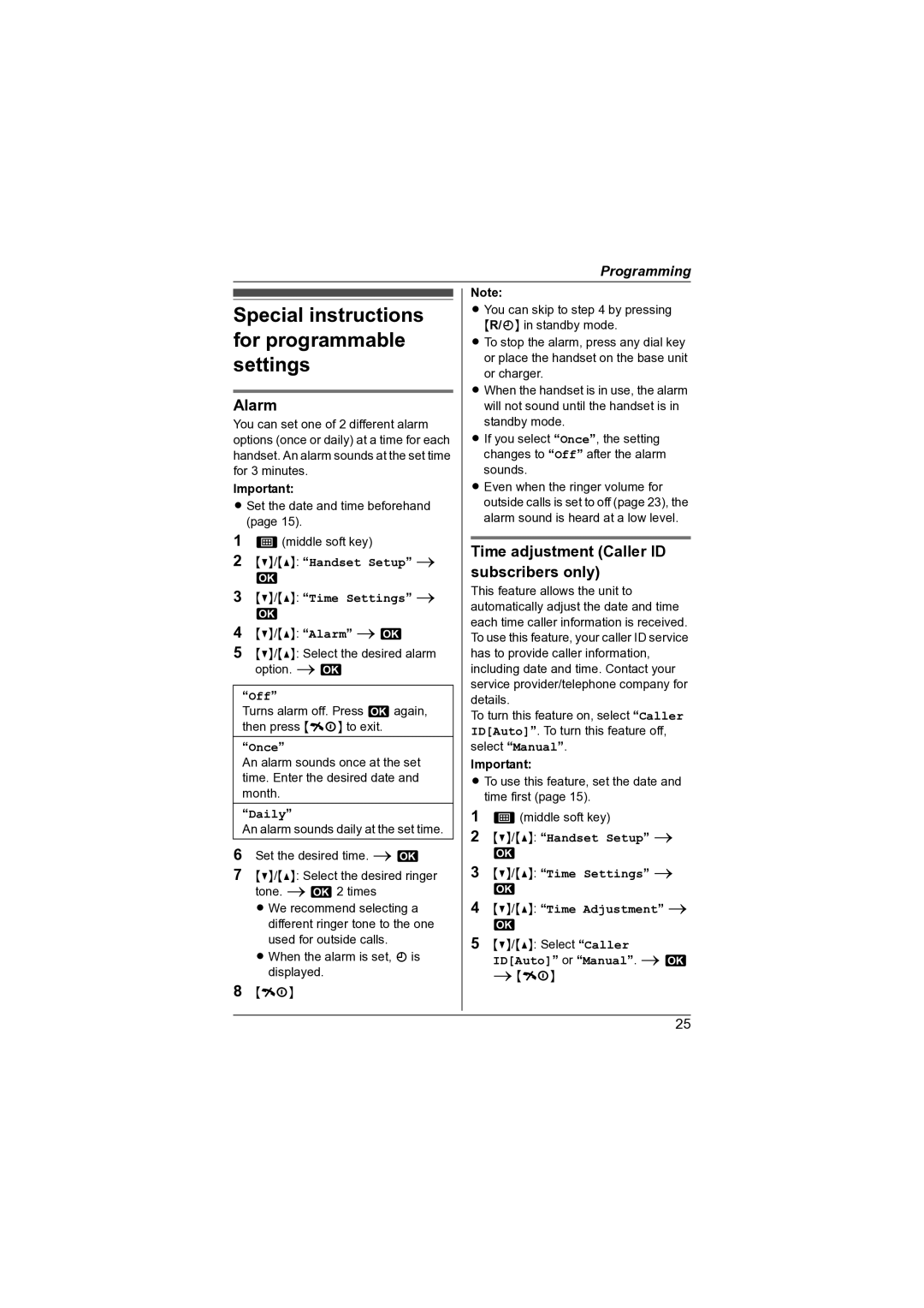 Panasonic KX-TG7341NZ Special instructions for programmable settings, Alarm, Time adjustment Caller ID subscribers only 