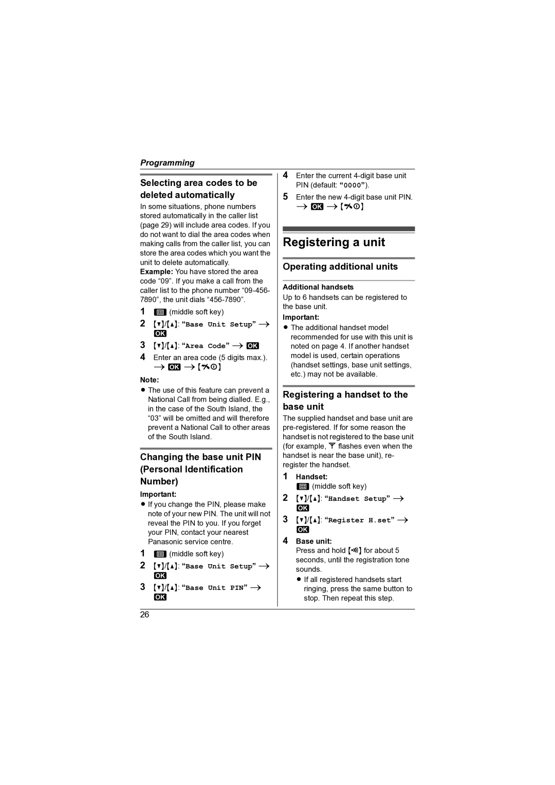 Panasonic KX-TG7341NZ Registering a unit, Selecting area codes to be deleted automatically, Operating additional units 