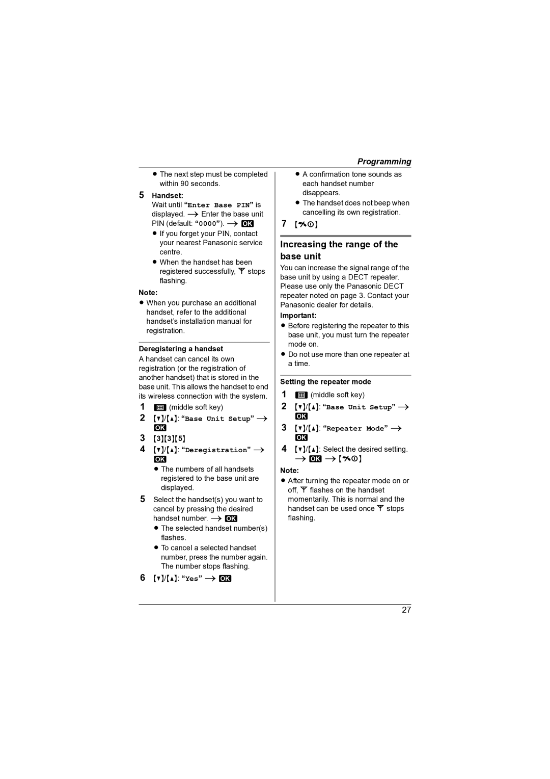 Panasonic KX-TG7341NZ operating instructions Increasing the range of the base unit, Deregistering a handset, Deregistration 