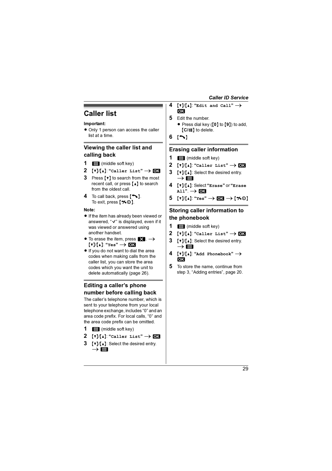 Panasonic KX-TG7341NZ Caller list, Viewing the caller list and calling back, Erasing caller information 