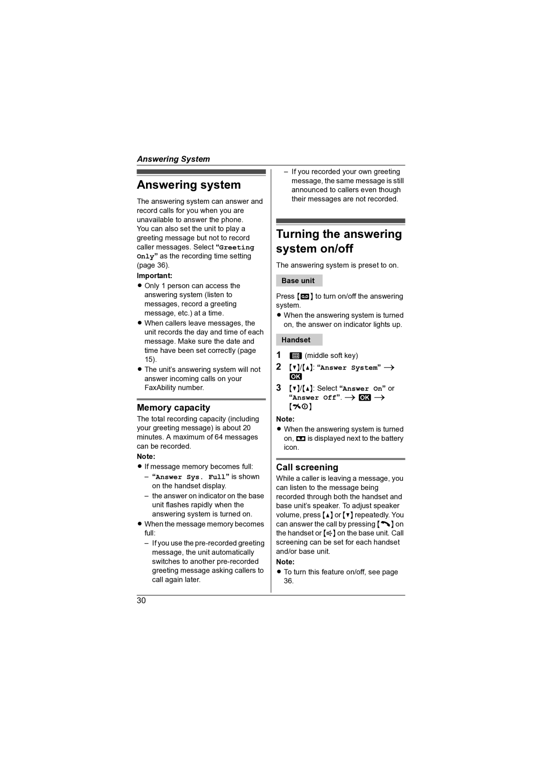 Panasonic KX-TG7341NZ Answering system, Turning the answering system on/off, Memory capacity, Call screening 