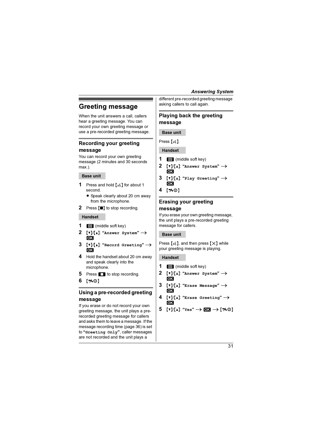 Panasonic KX-TG7341NZ Greeting message, Recording your greeting message, Using a pre-recorded greeting message 