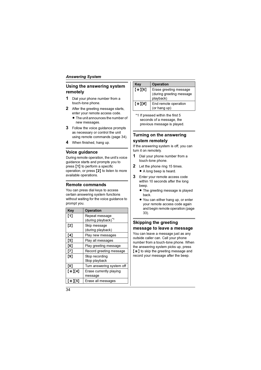 Panasonic KX-TG7341NZ operating instructions Using the answering system remotely, Voice guidance, Remote commands 