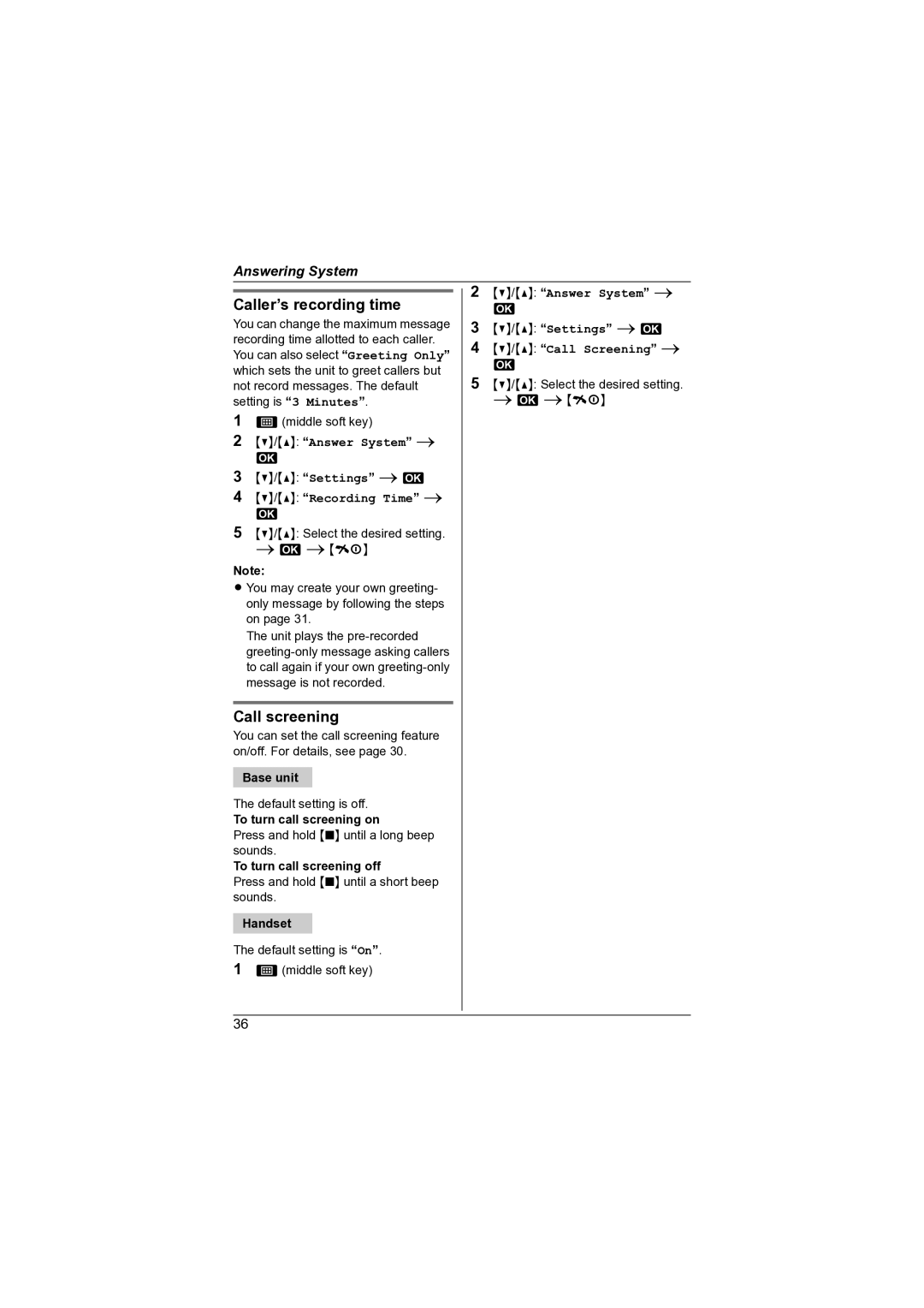 Panasonic KX-TG7341NZ Caller’s recording time, Recording Time, To turn call screening on, To turn call screening off 