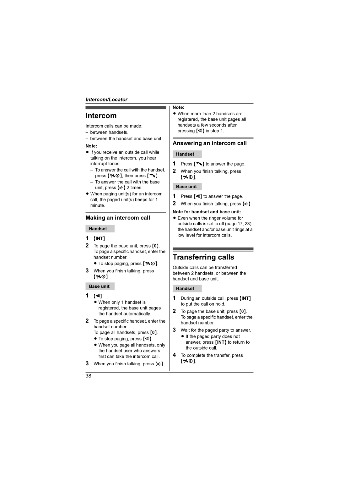 Panasonic KX-TG7341NZ Intercom, Transferring calls, Making an intercom call, Answering an intercom call, Handset INT 