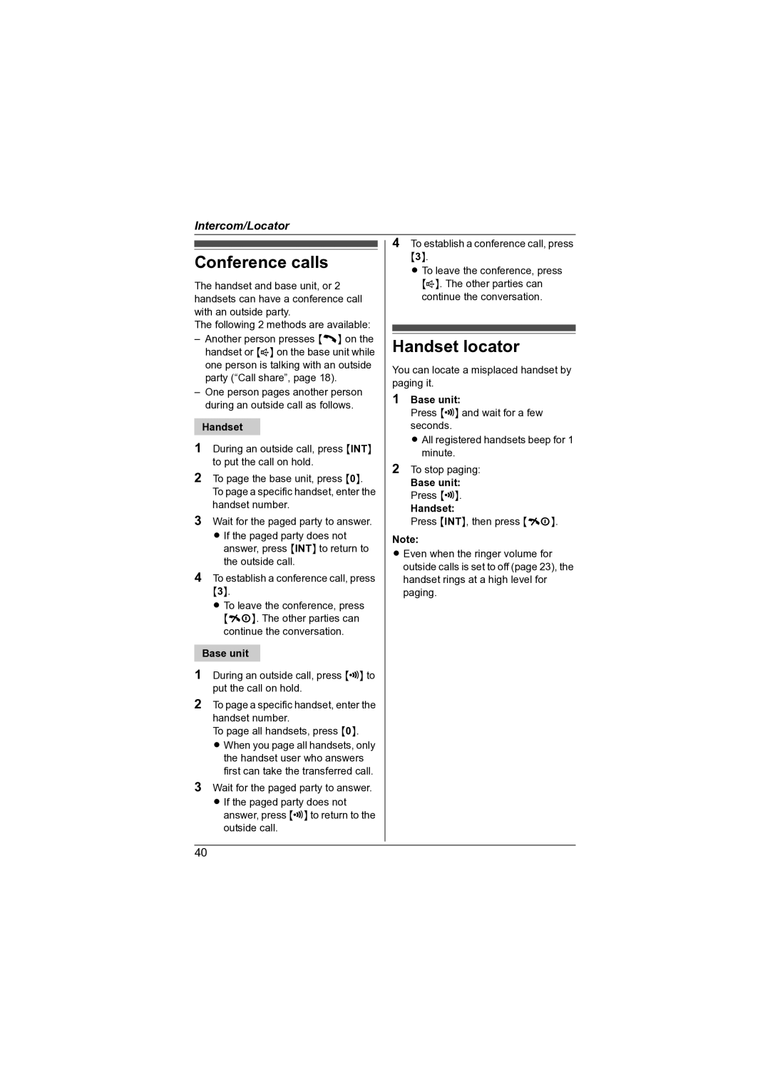 Panasonic KX-TG7341NZ operating instructions Conference calls, Handset locator, Base unit Press Handset 