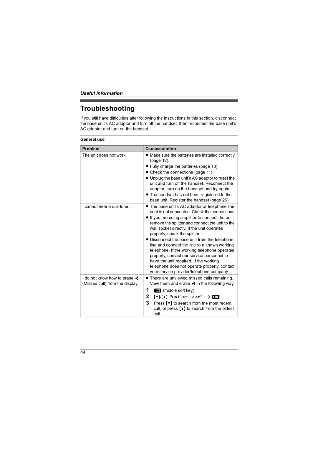 Panasonic KX-TG7341NZ operating instructions Troubleshooting, General use Problem Cause/solution 