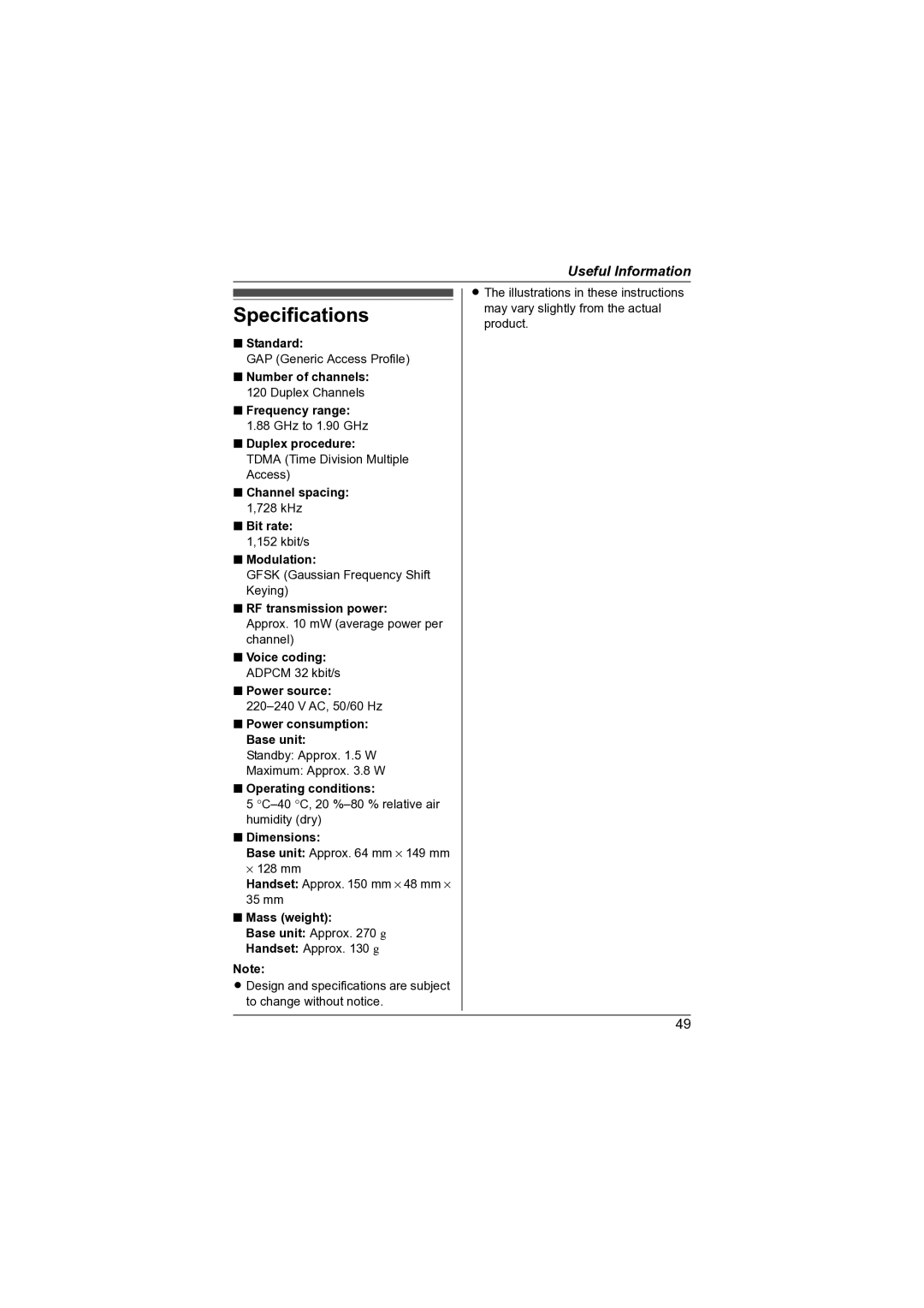 Panasonic KX-TG7341NZ operating instructions Specifications 