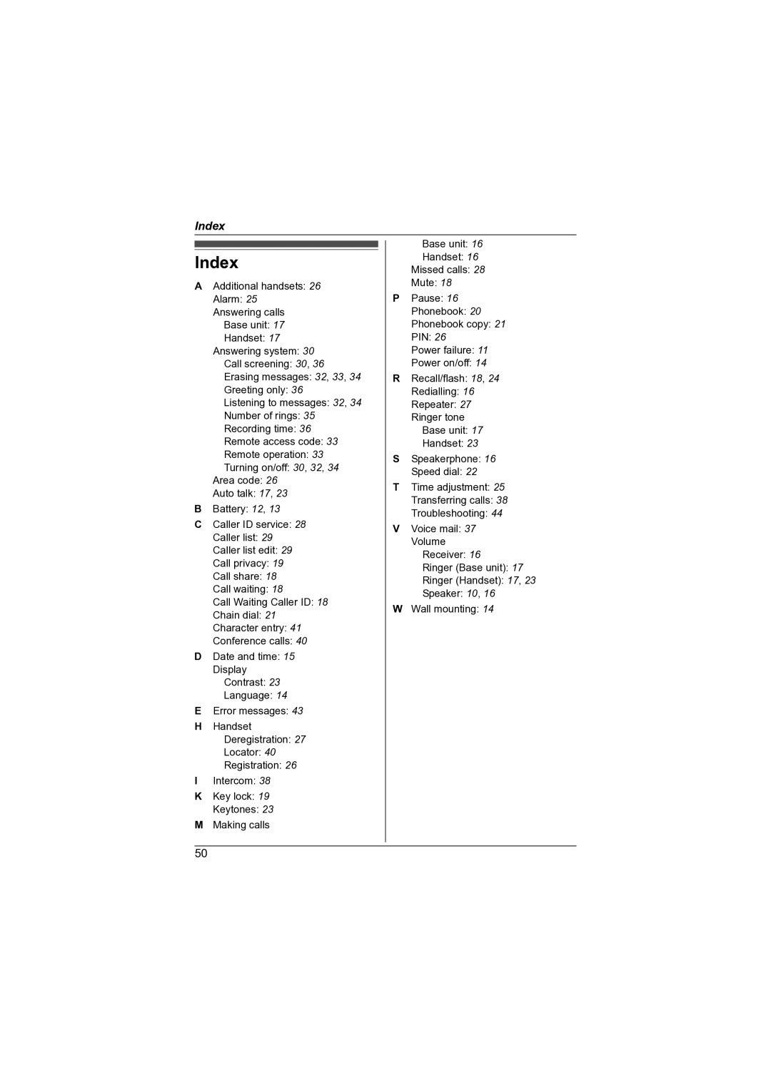 Panasonic KX-TG7341NZ operating instructions Index 